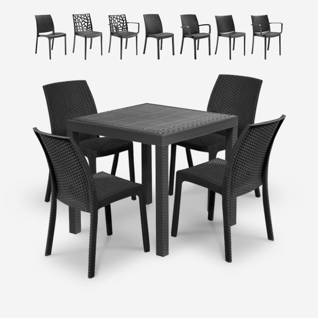 Set da giardino tavolo quadrato 80x80cm rattan 4 sedie nero Nisida Dark