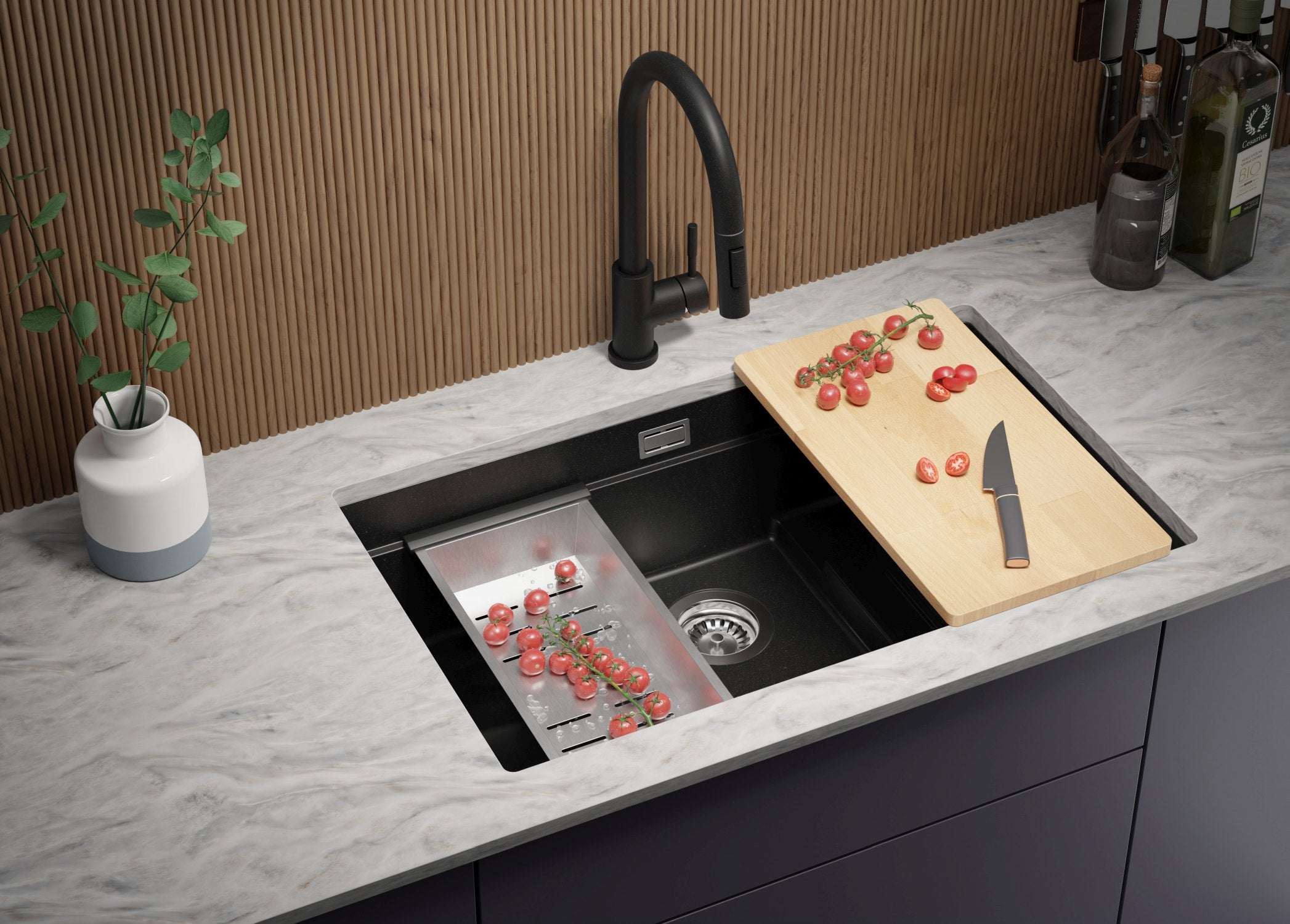 Lavandino sottotop Nero 76x47cm, Lavello in Granito a 1 vasca + Sifone Classico + Accessori, Lavabo da Cucina al mobile 80cm - Prague PRIMAGRAN - 4