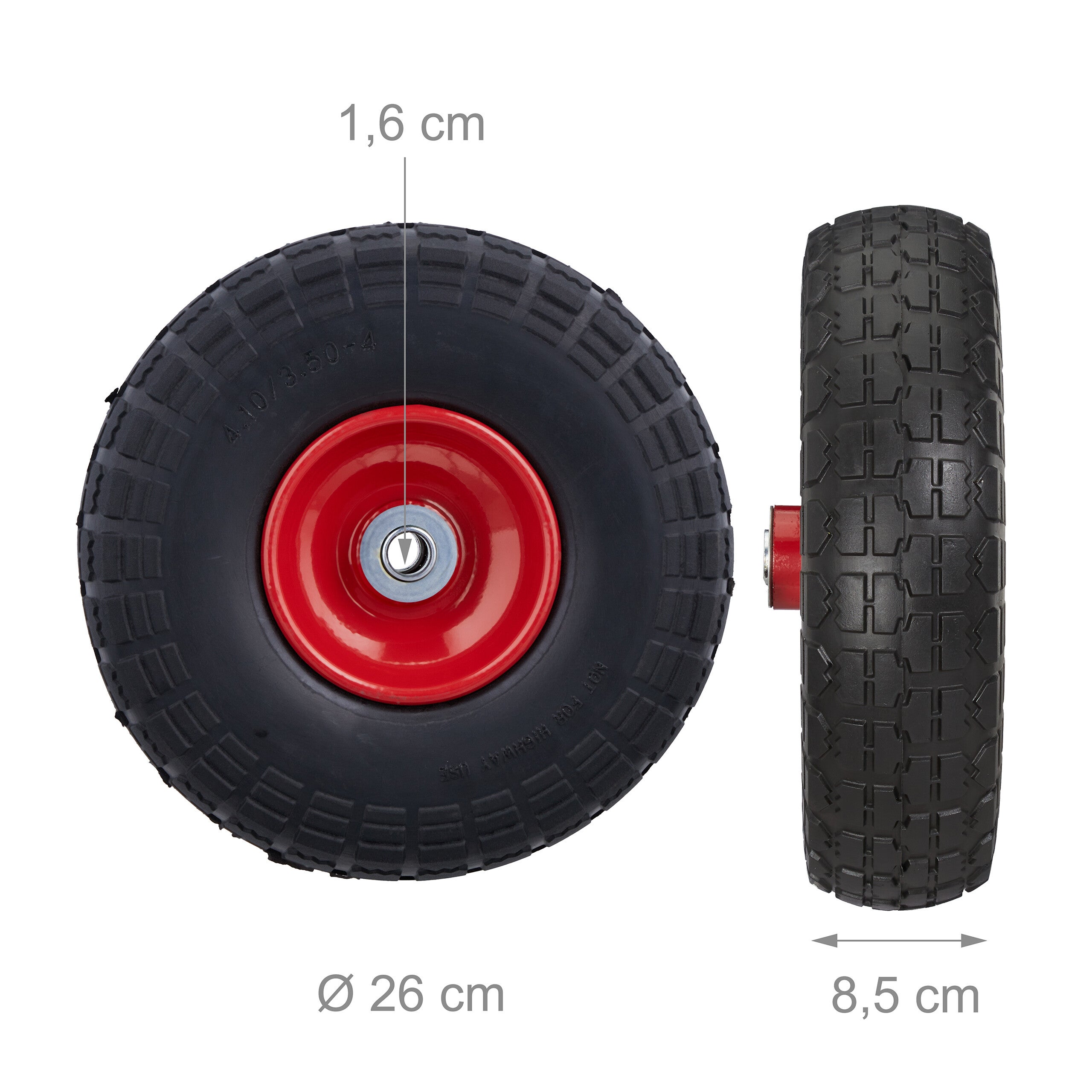 Roue de diable Set 2, caoutchouc 260x85 mm, increvables, 16 mm, 4.1/3.5-4 essieu, jusqu'à 150kg, noir-rouge, Relaxdays - 4