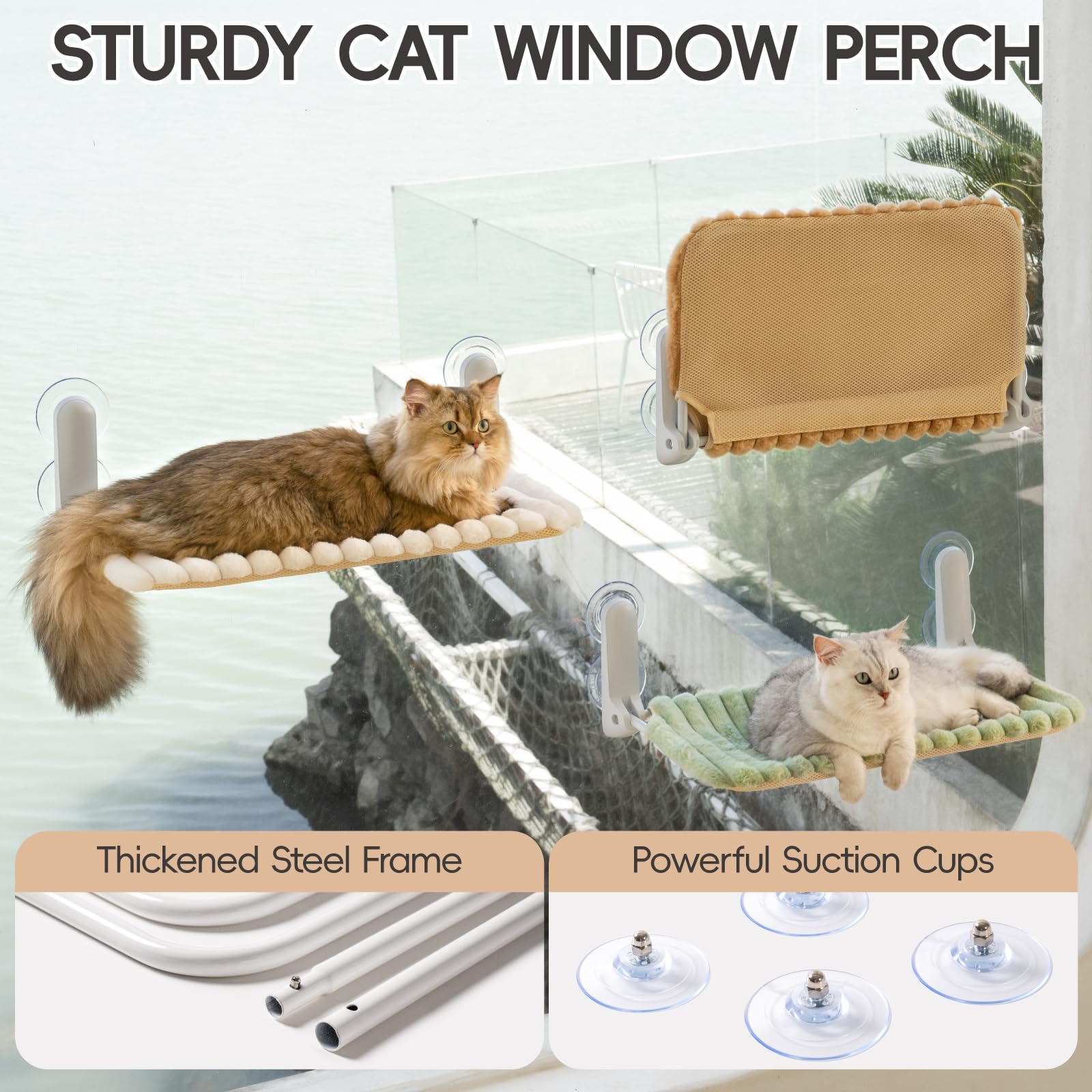 Lit pour chat à ventouse pour balcon vitré, hamac pour chat (beige, 2 grandes tailles, en boîte) - 3