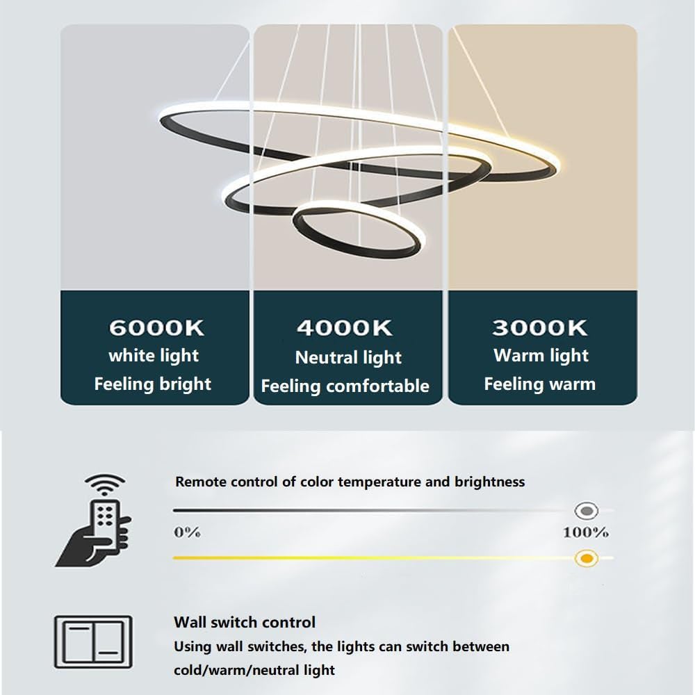 COMELY Suspension LED Moderne à 3 Anneaux Ø20/40/60 cm, Lustre Design Noir Hauteur Réglable, Lumière 3000K–6500K pour Salon Salle à Manger - 4