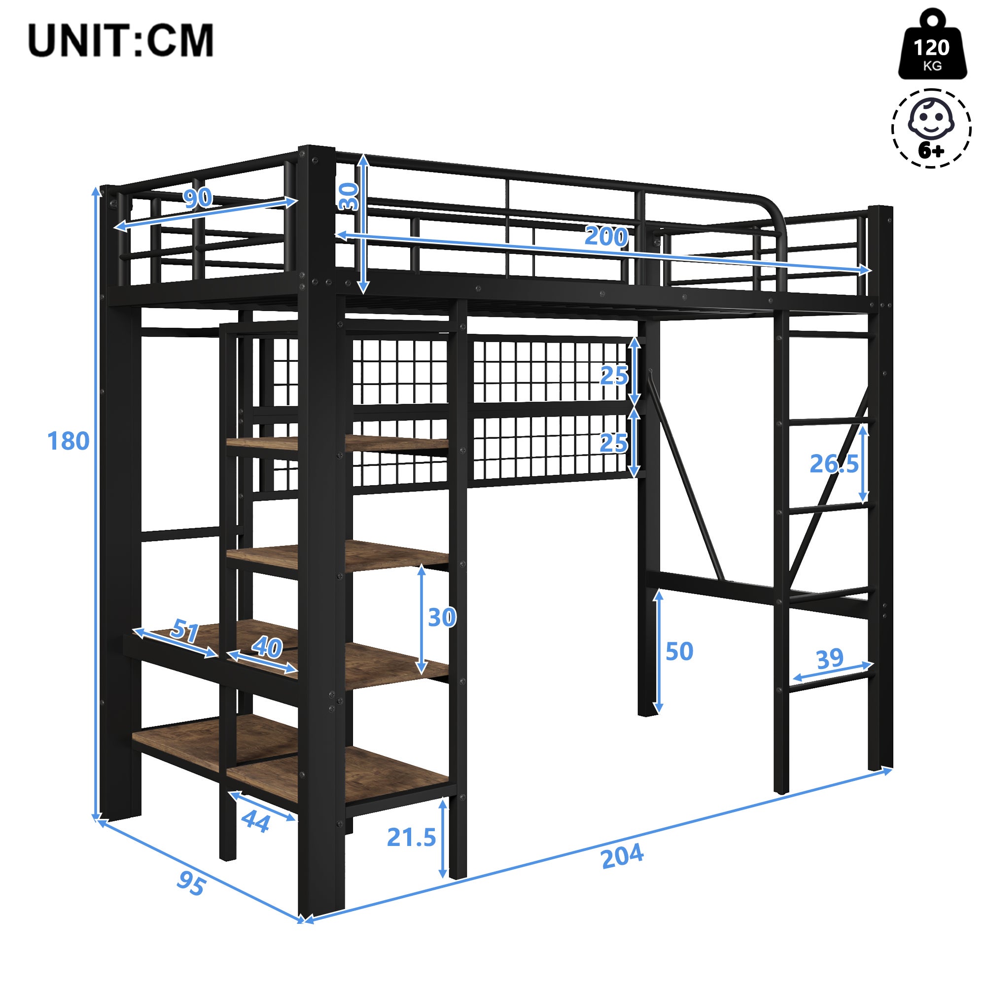 Lit mezzanine 90x200cm multifonction avec rangements, Lit simple avec LED intégrées, filet suspendu et barre pour vêtements, structure métallique Noir - 5