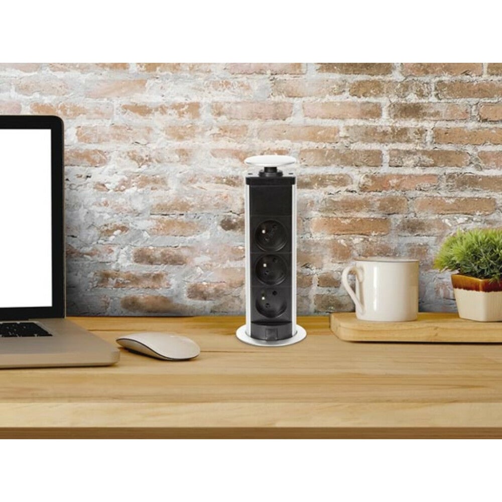 Perel Bloc multiprise escamotable, 3 prises avec terre française (type E), diamètre 71 mm, usage intérieur, noir/gris - 4