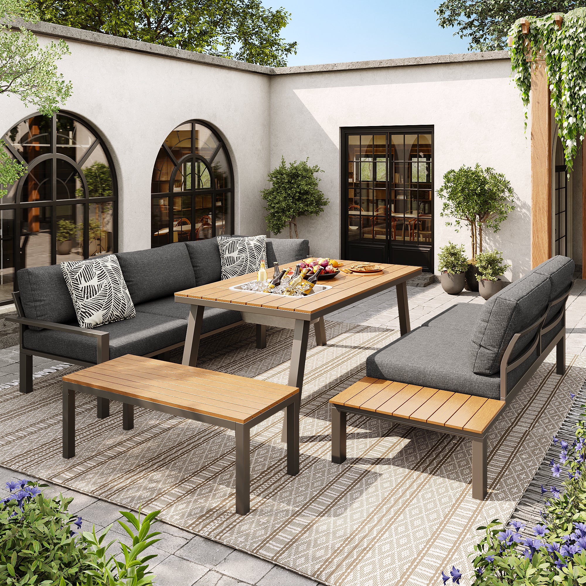 Muebles de jardín modulares en hierro galvanizado: 1 sofá esquinero de 6 plazas + 1 banco + 1 mesa de comedor - Gris + natural - 3