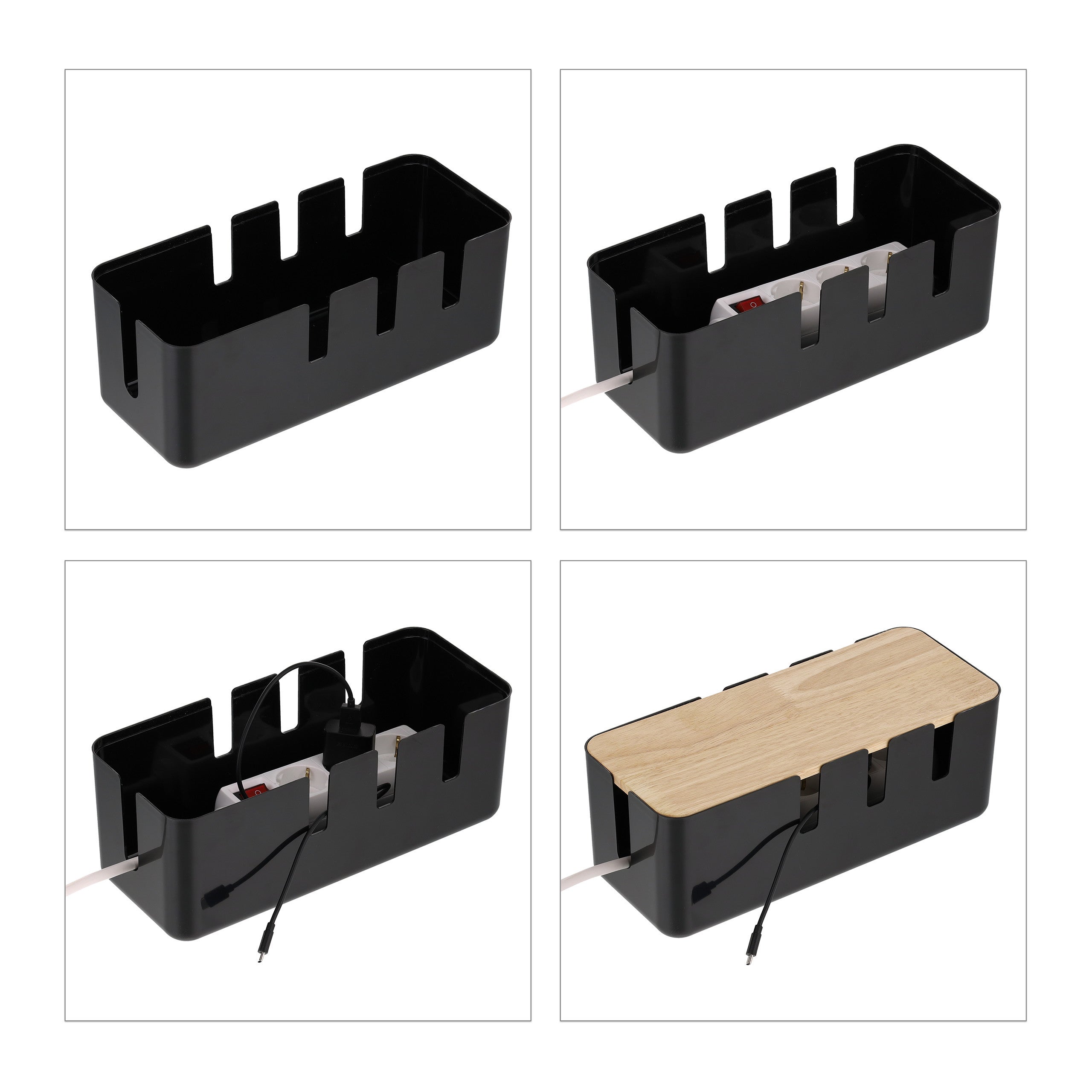 Boîte cache-câbles pour 2 multiprises, en plastique avec couvercle en bois, 11,5 x 30,5 x 12,5 cm, noire, Relaxdays - 7