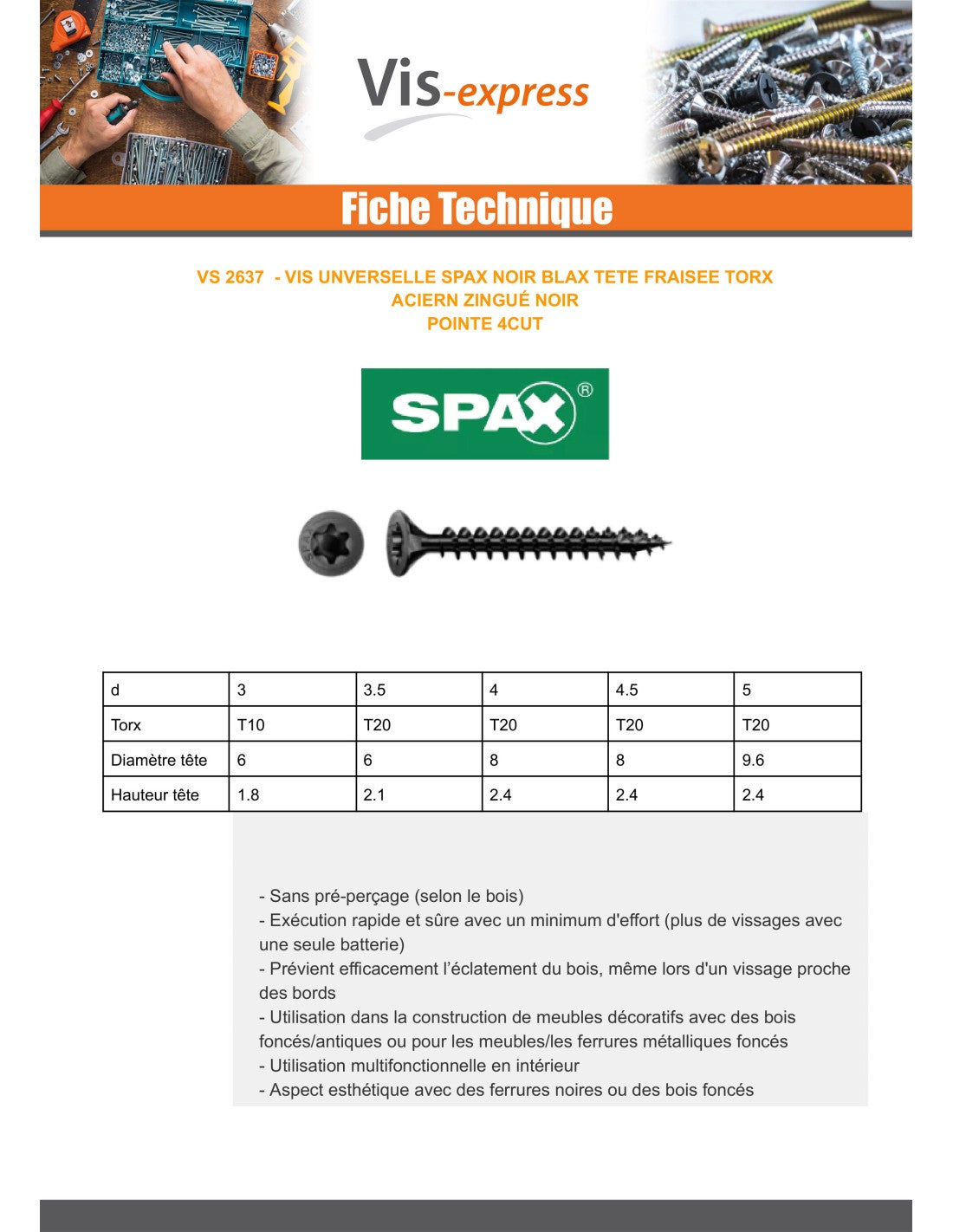 Spax Vis bois Tête fraisée TORX T20 4.5X40 Filetée sur 34 Acier zingué noir-30 pièces - 3