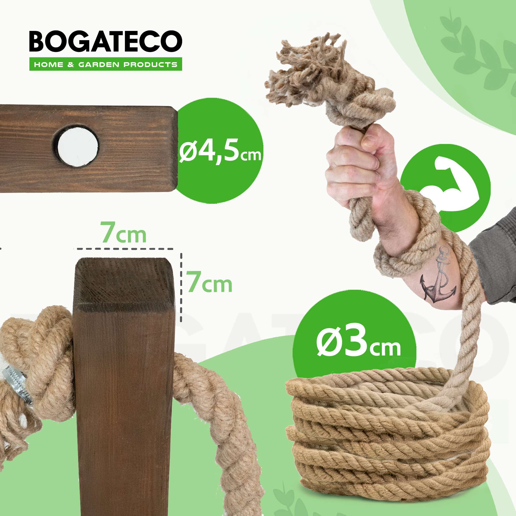 BOGATECO Clôture en bois avec corde de jute | Clôture voile 16 m|13 longueurs différentes|Kit de montage inclus Douille de terre avec plaque d'ancrage - 3