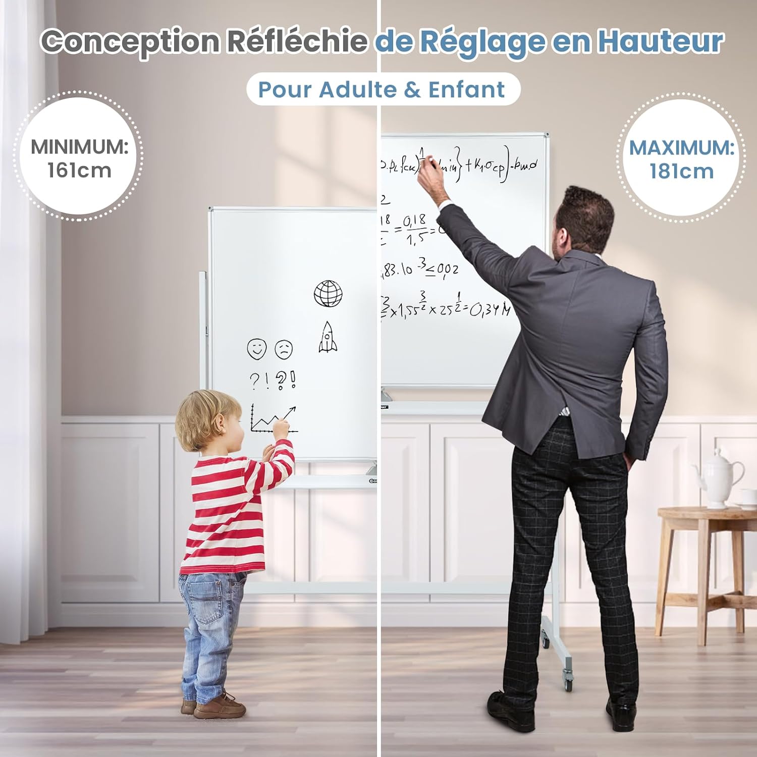 Lavagna Bianca Regolabile in Altezza con Ruote e Bordo Magnetico, Lavagna a Doppio Lato Cancellabile a Secco con Griglia, 4 Ruote Bloccabili, - 6