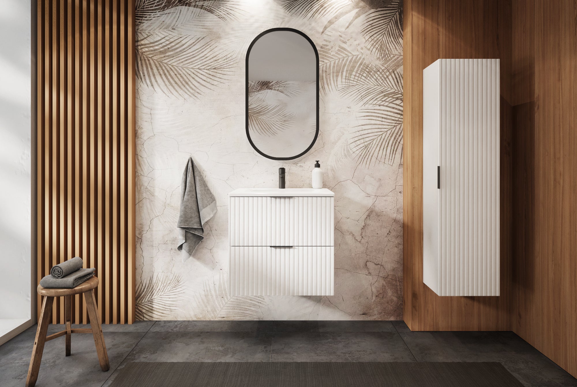 Zestaw łazienkowy FLOW 120 cm biały z blatem dąb craft i regałami - 2