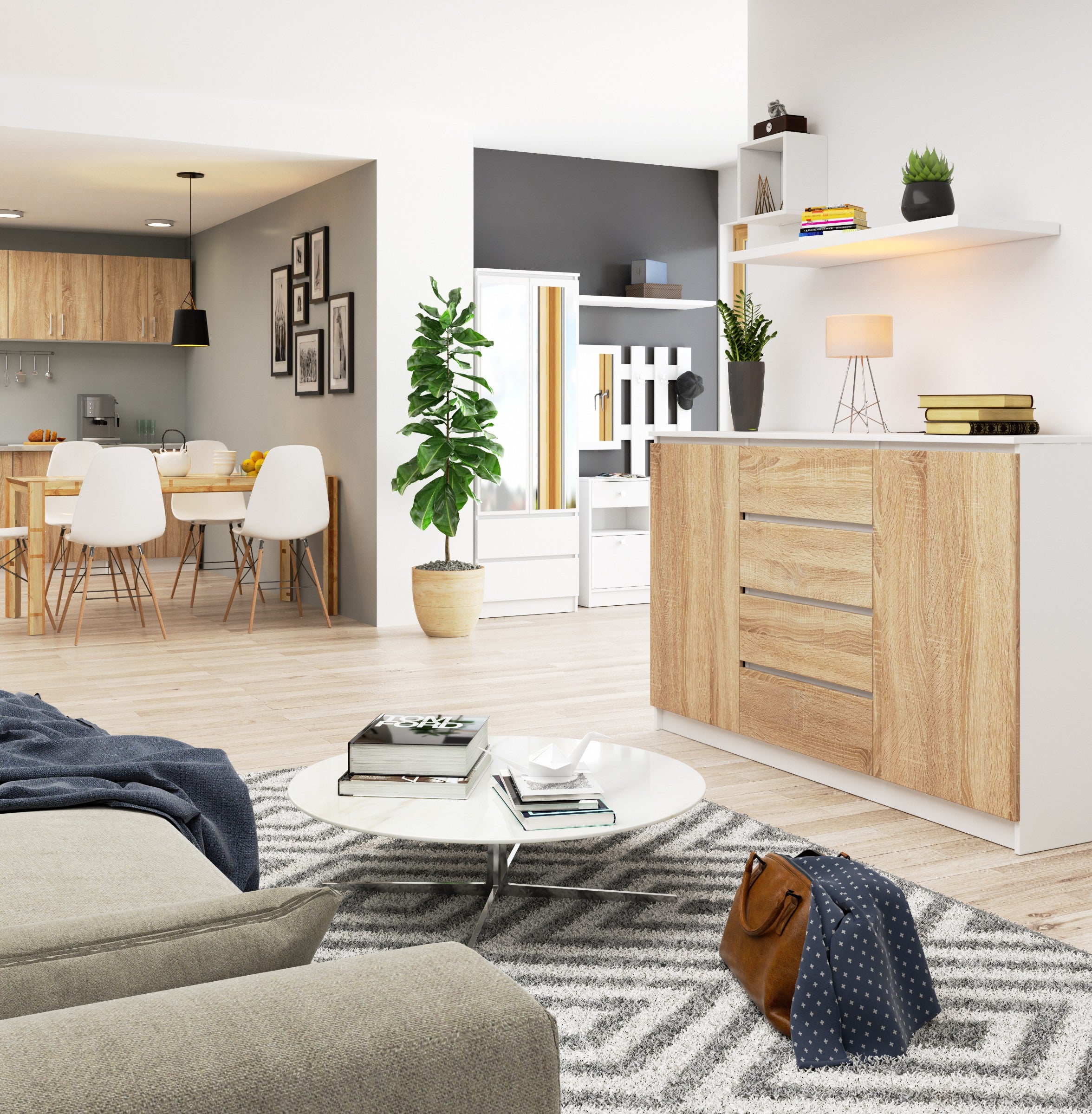 Grande Commode pour le salon AKORD K160 Blanche 160 cm 2 portes 4 tiroirs façade Chêne Sonoma 4 étagères 160x40x99 cm - 6