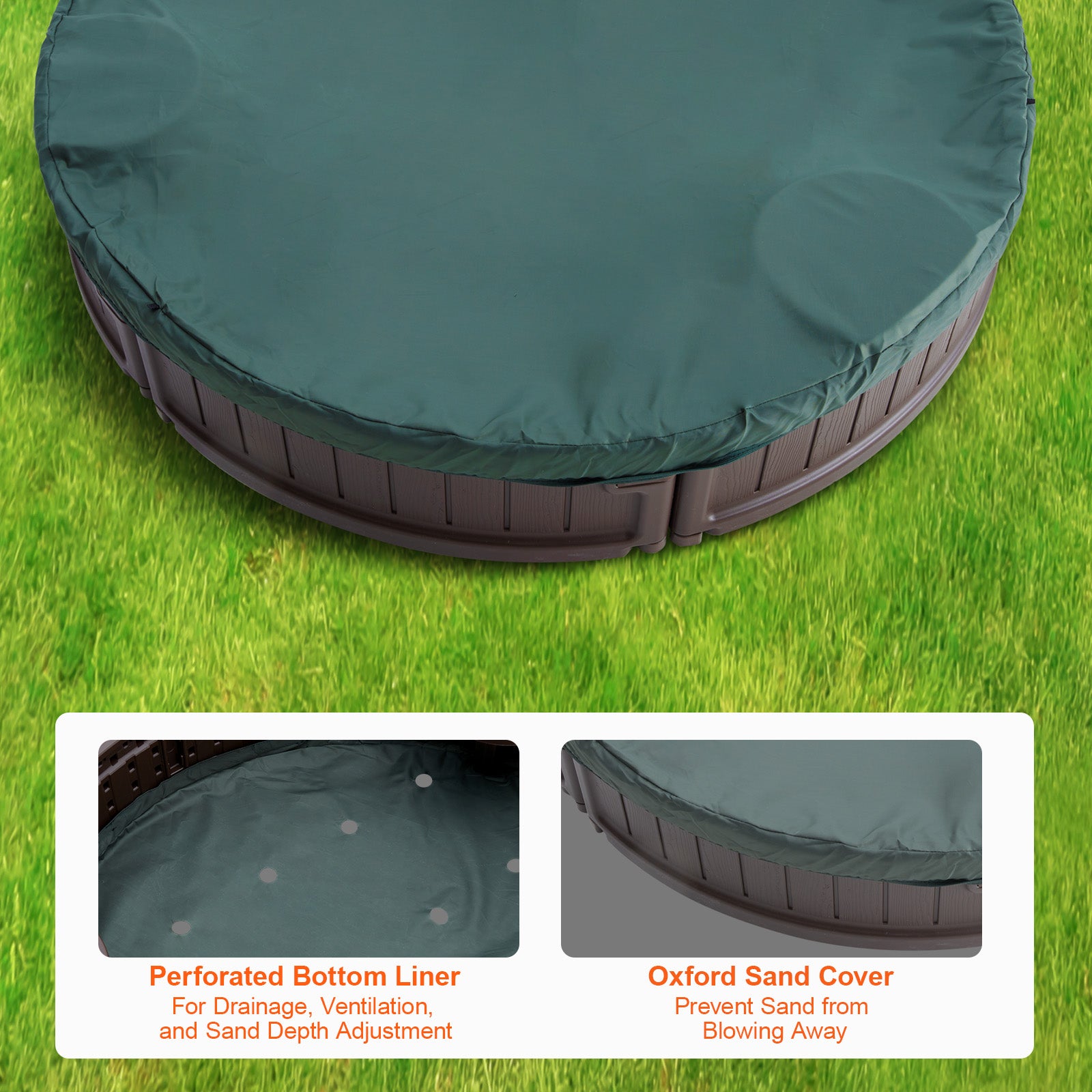 Caixa de areia com tampa SucceBuy 72 x 41,5 x 9,1 po,ovalada,em PEHD,4 assentos de canto e revestimento inferior para jardim,praia,parque - 7