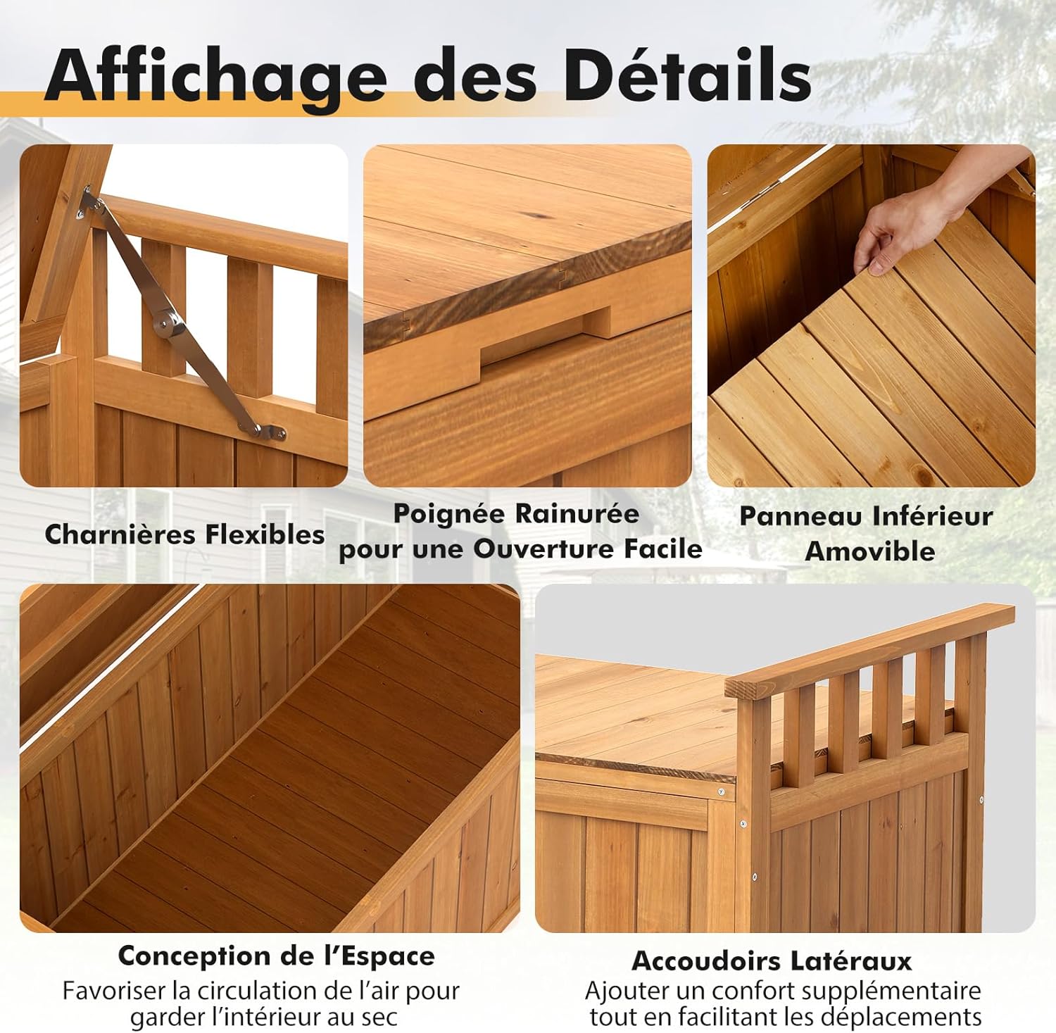 Banc de Rangement d'Extérieur en Bois, Banc d'Extérieur à 2 Places de 209 L avec Accoudoirs, pour Outils de Jardin, Charge 100KG - 4