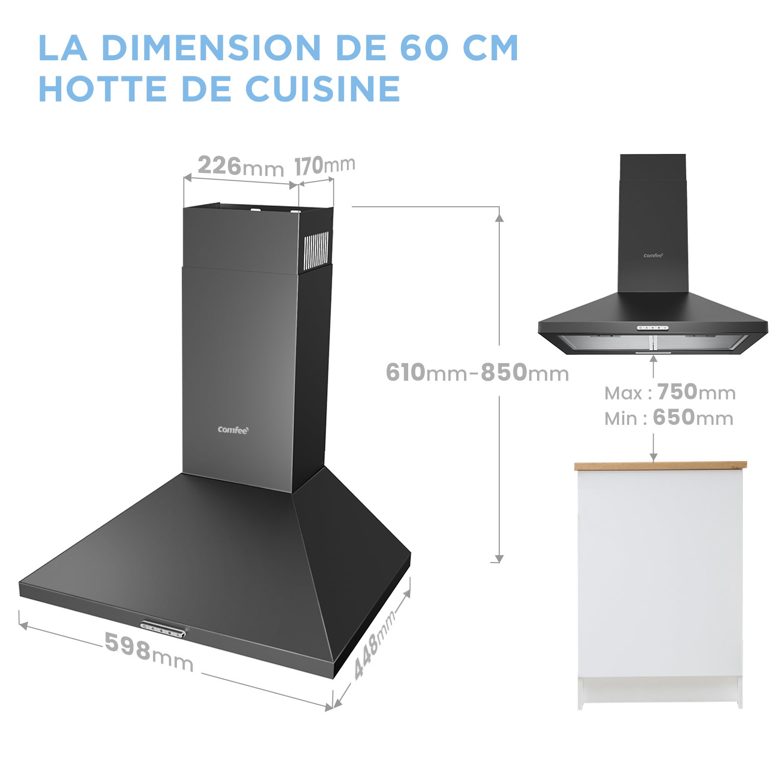 COMFEE Hotte Aspirante 60cm - 400 m³/h - Classe A++ - 2 Filtres à Charbon - 3 Vitesses - Recyclage & Évacuation - LED lampe - 8
