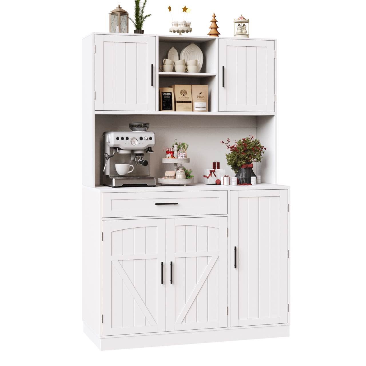 Kredens kuchenny z 5 drzwiami, 1 szufladą i 2 otwartymi przegrodami - 110 x 38 x 180 cm - diody LED i port ładowania - płyta MDF - biały - 7
