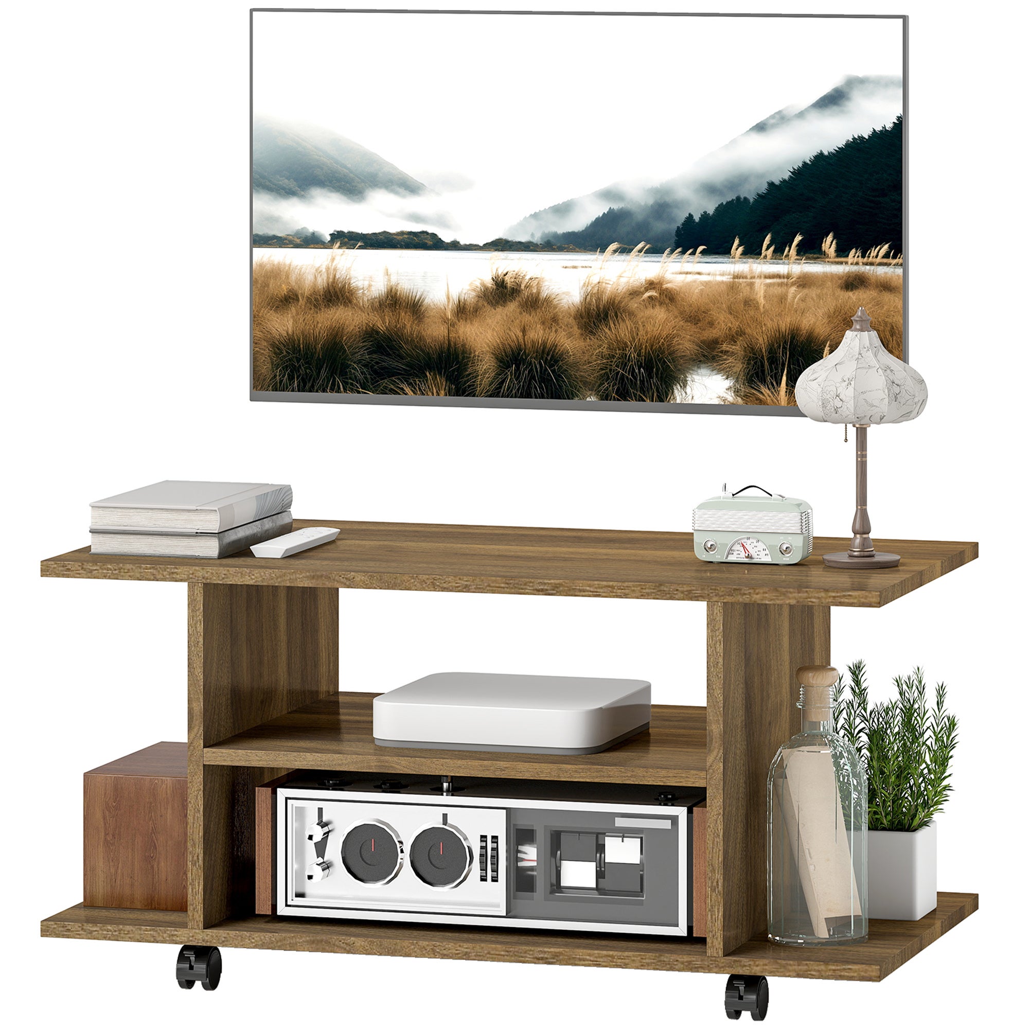 Mueble de TV moderno con estantes, ruedas giratorias y frenos, 80 x 40 ...