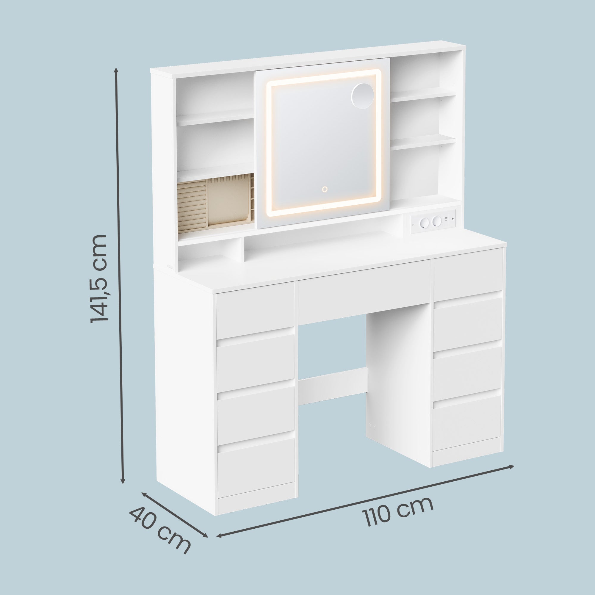 Coiffeuse avec Miroir LED, Multiprise, 9 Tiroirs, Loupe 10x, Rangement Bijoux, Éclairage 3 Couleurs, Installation des Rails sans Outils, Blanc Nuage - 4