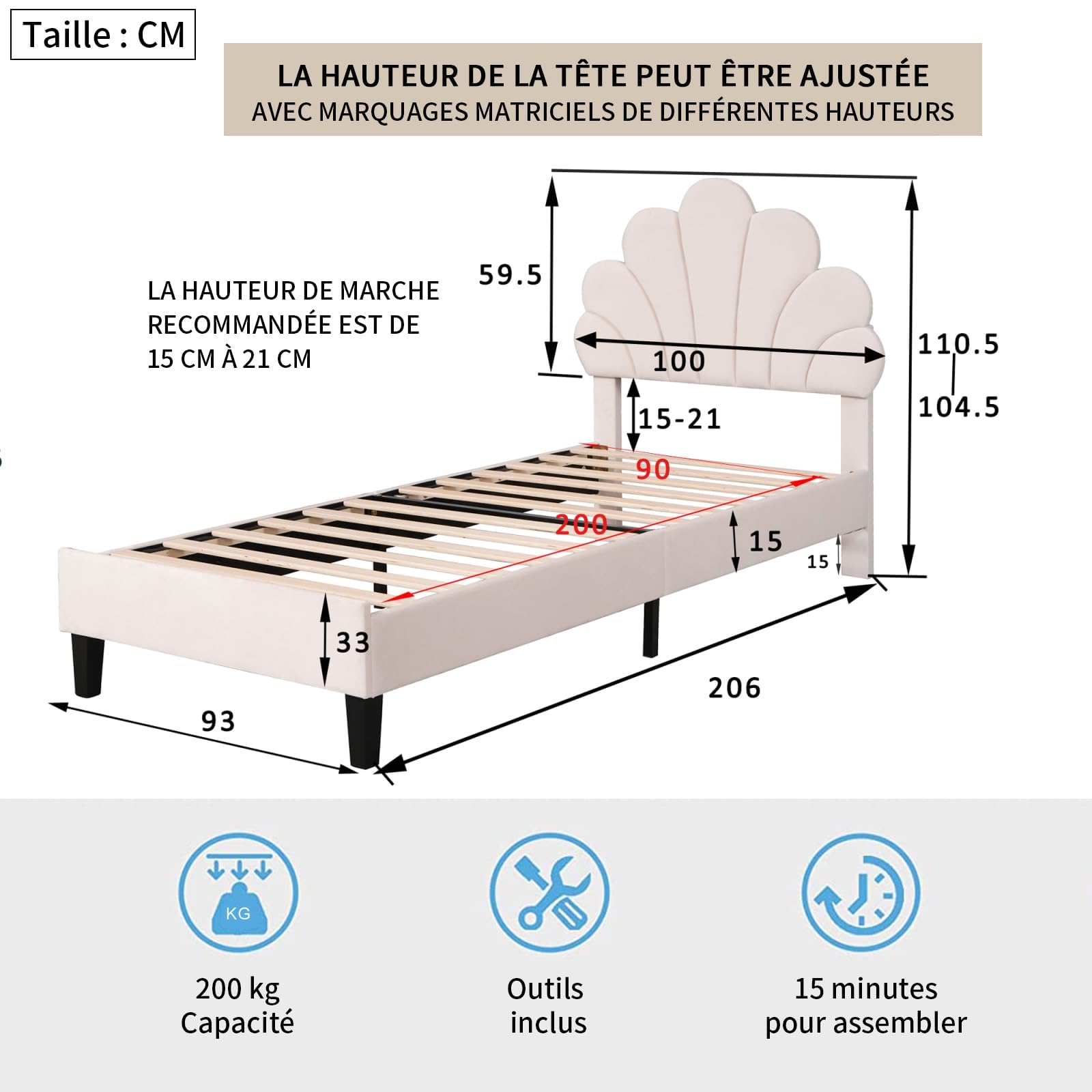 Cama individual 90x200 cm de terciopelo, cabecero en forma de flor, somier de láminas, cama infantil acolchada estilo escandinavo beige - 2