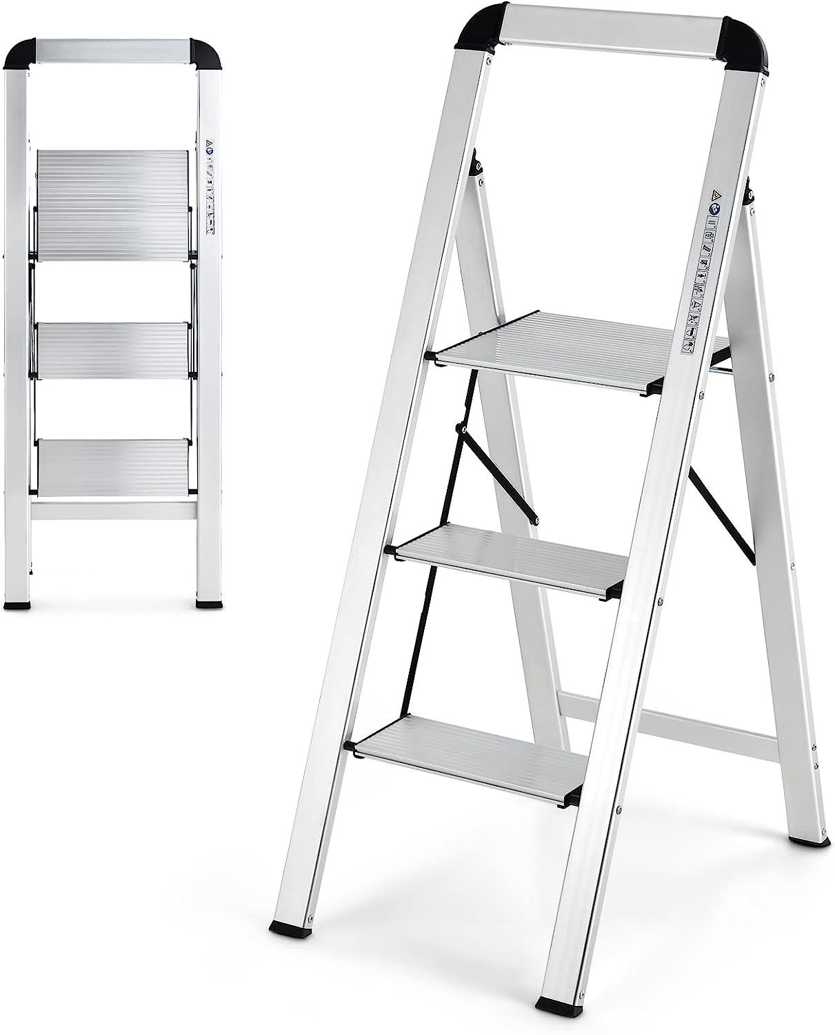 Drabina schodkowa, 3-stopniowa drabina stojąca, aluminiowa, składana drabina do 150 kg, do domu, biura, garażu, srebrna (3 stopnie), TJ10011SL12SLDE