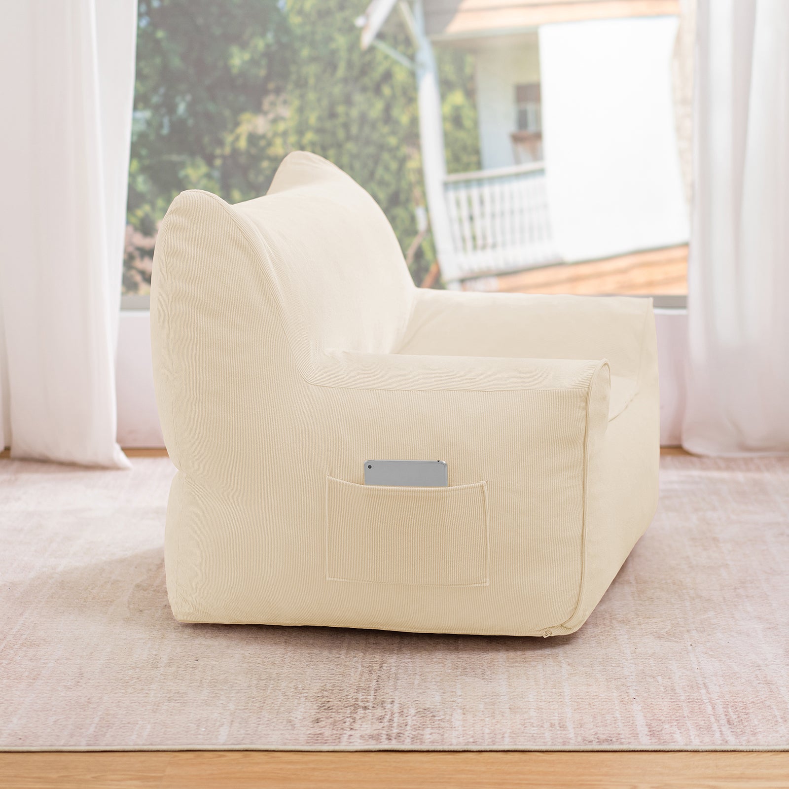 Poltrona de veludo cotelê, pufe 90x75x75cm, para quarto, sala de estar, presente de Natal - Bege - 3