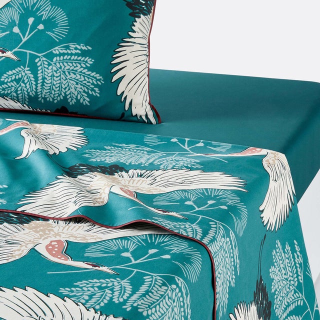 Drap imprimé percale Grues Bleu - Imprimé canard - 240 x 290 cm
