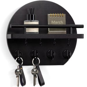 Porte-Clés Mural En Bois Kldgris Avec 5 Crochets - Noir - Rangement Courrier Et Clés