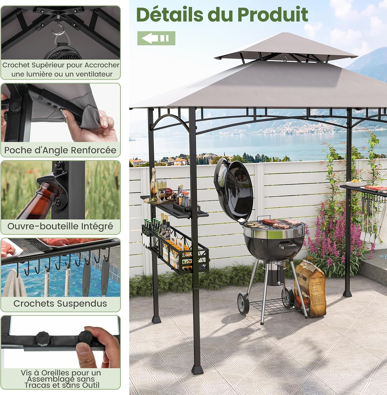 Tonnelle de Barbecue 242 x 153 cm avec 2 Etagères Latérales, Abri Barbecue Cadre en Métal avec Panier de Rangement pour Jardin Cour - 7