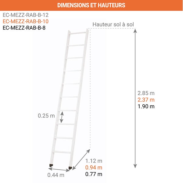 Echelle de meunier rabattable Blanc RAL 9010 8 marches - Hauteur de sol à sol 1,90m - EC-MEZZ-RAB-B-8 - 2