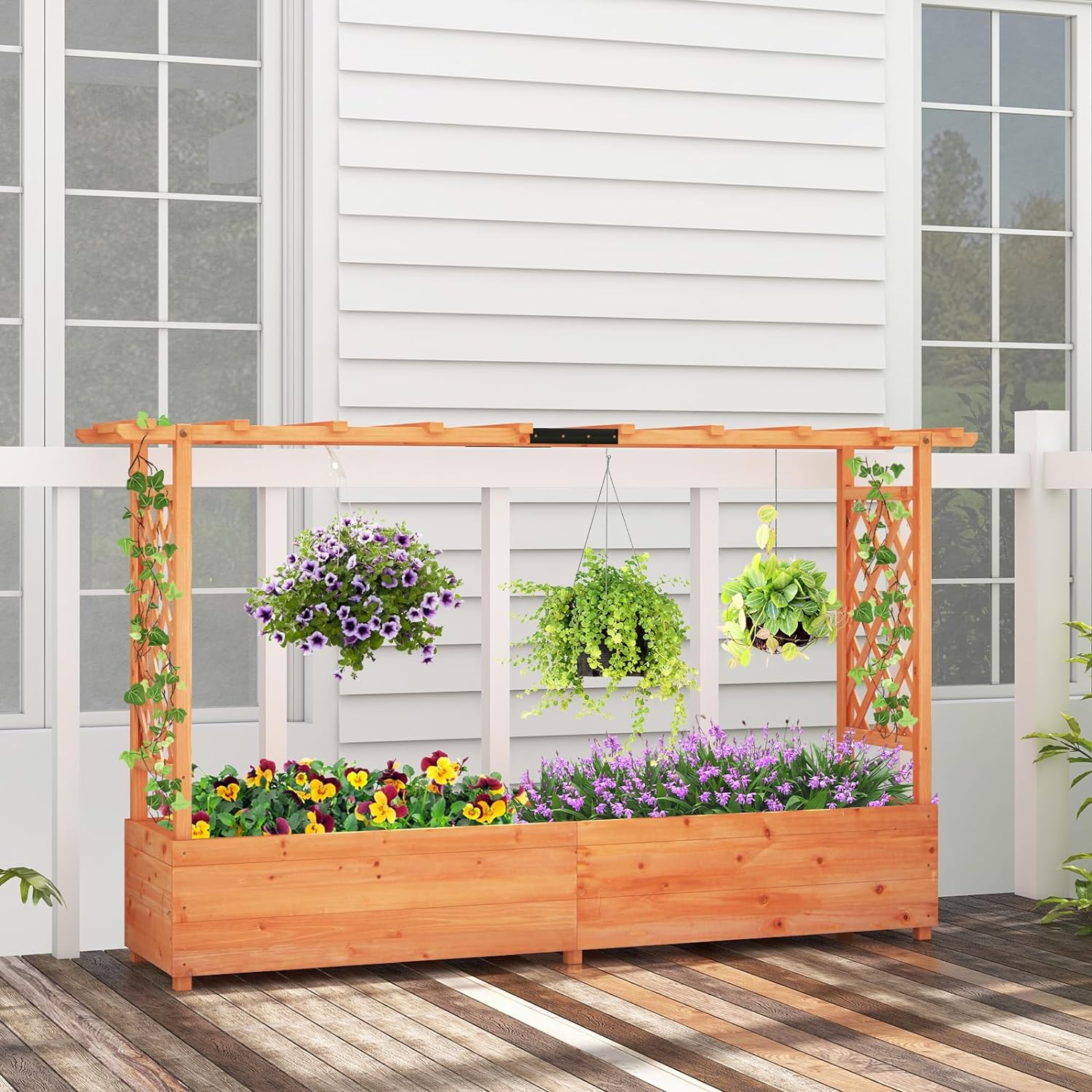 Jardinière Surélevée avec Treillis, Lit de Jardin en Bois avec Toit Suspendu, Trous de Drainage, 200x44x114cm - 2