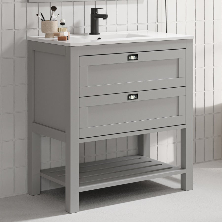 Meuble de salle de bain 80 cm simple vasque - pin massif - 2 tiroirs - PYLA - gris - 2