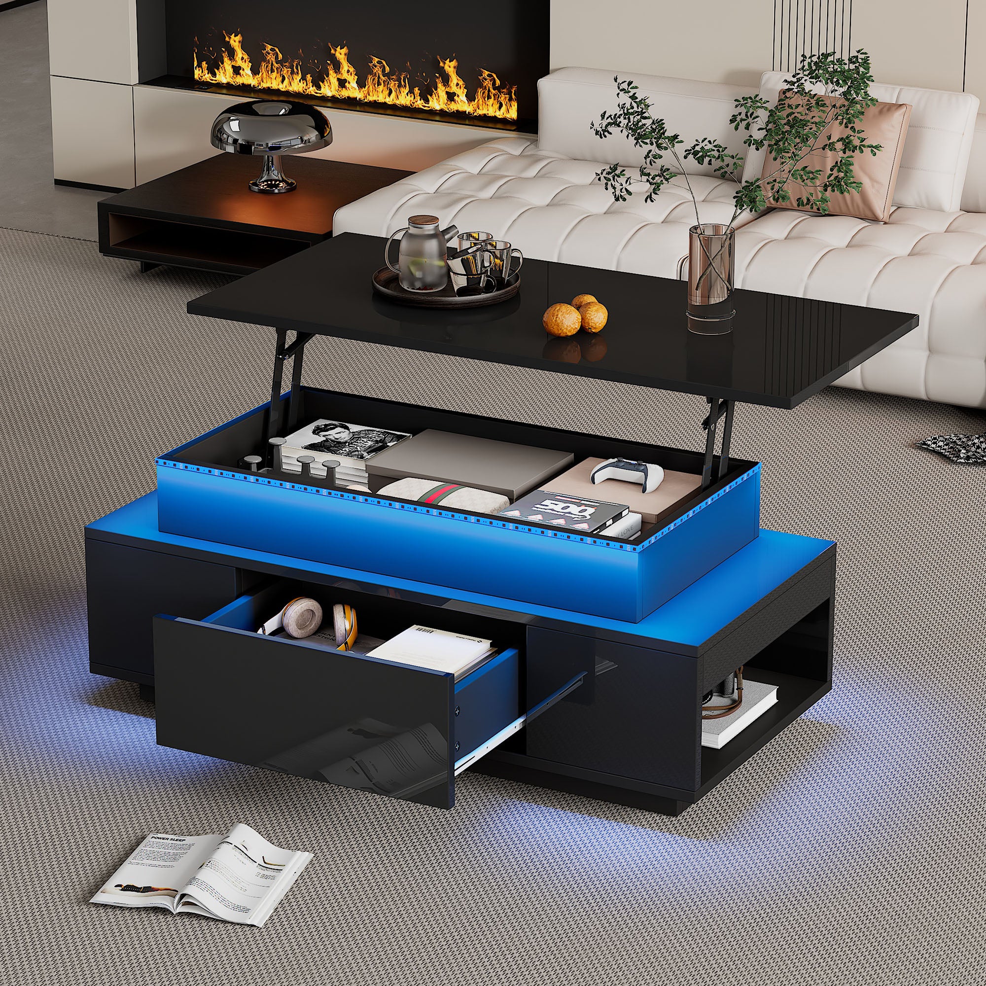 Stolik kawowy z podnoszonym blatem, 1 szufladą i 2 schowkami - 96 x 49 x 40 cm - diody LED - płyta wiórowa - czarny