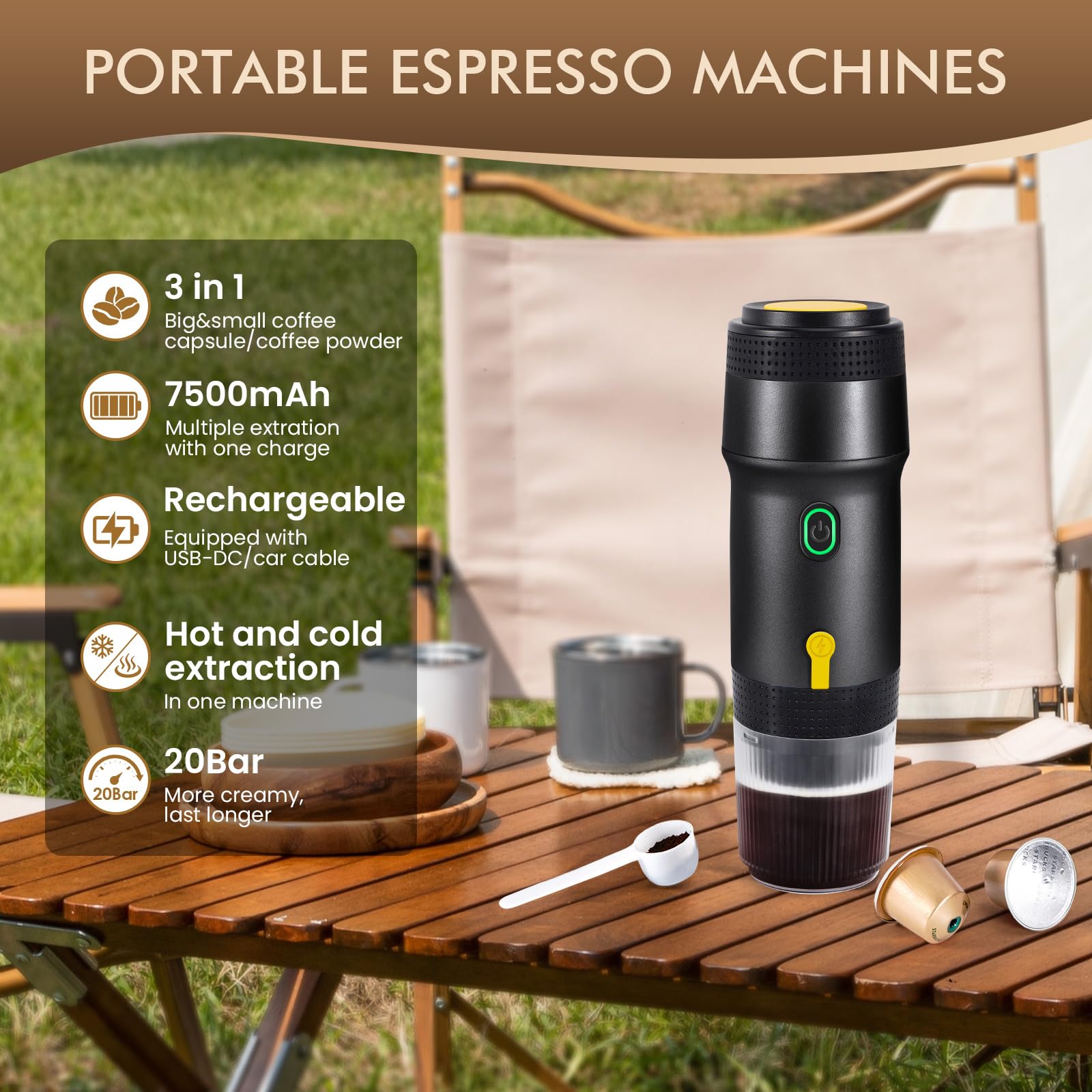 Molinillo de café manual portátil en miniatura, cafetera eléctrica de 20 bares, 3 en 1 para espresso, prensa francesa y Aeropress. - 2