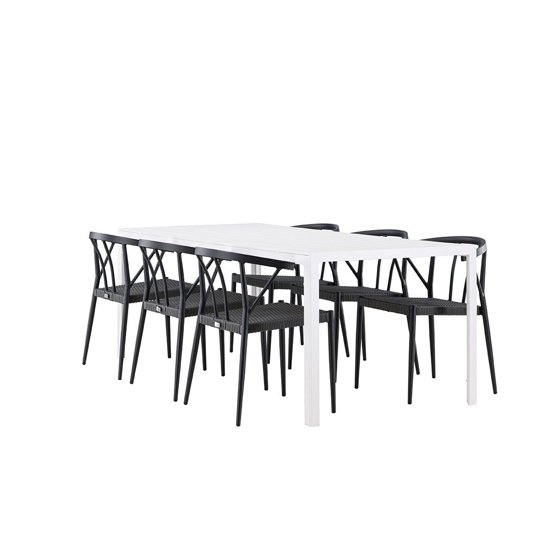 Break zestaw ogrodowy stół 90x205cm biały, 6 krzeseł czarnych.
