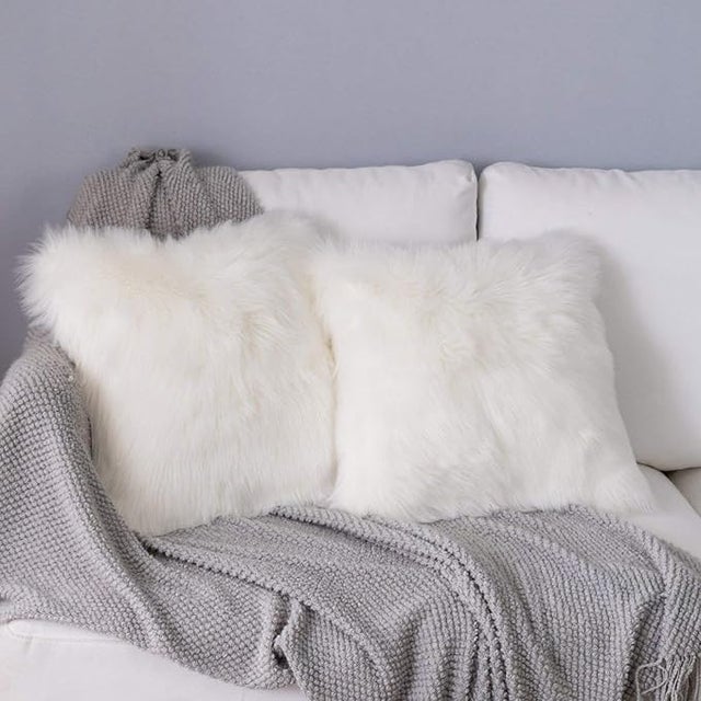(2Pcs Blanc)Housse de Coussin, 45 x 45cm , Fausse Fourrure Deluxe Décoratif Canapé Chambre Lit Super Doux Peluche Mongolie Taie d'oreiller