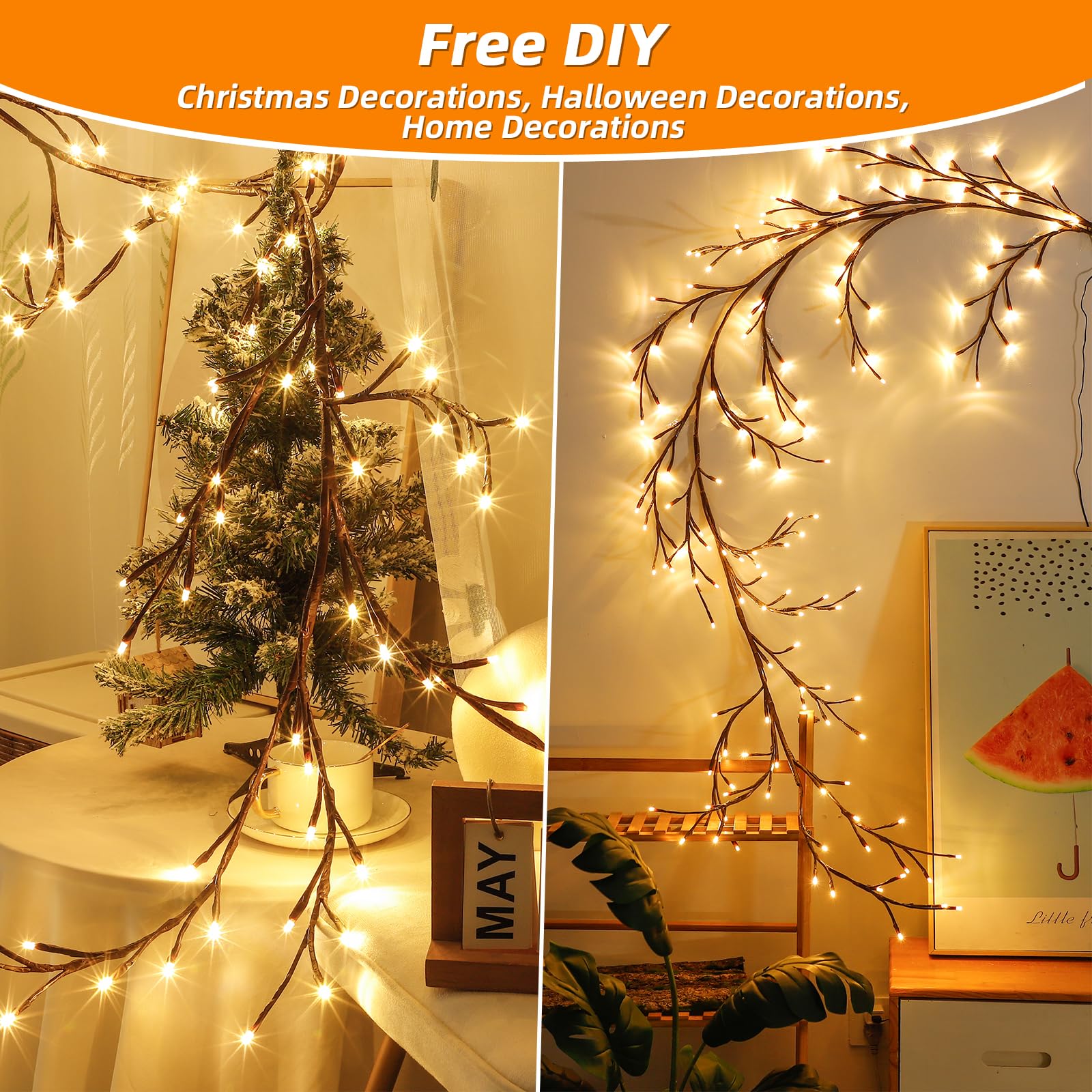 Arbre Lumineux LED, Arbres Guirlande Lumineuse, Decoration Murale, 144 LED Pliables Lumineuse Saule Artificielles, pour Mur Chambre Salon Décoration - 7