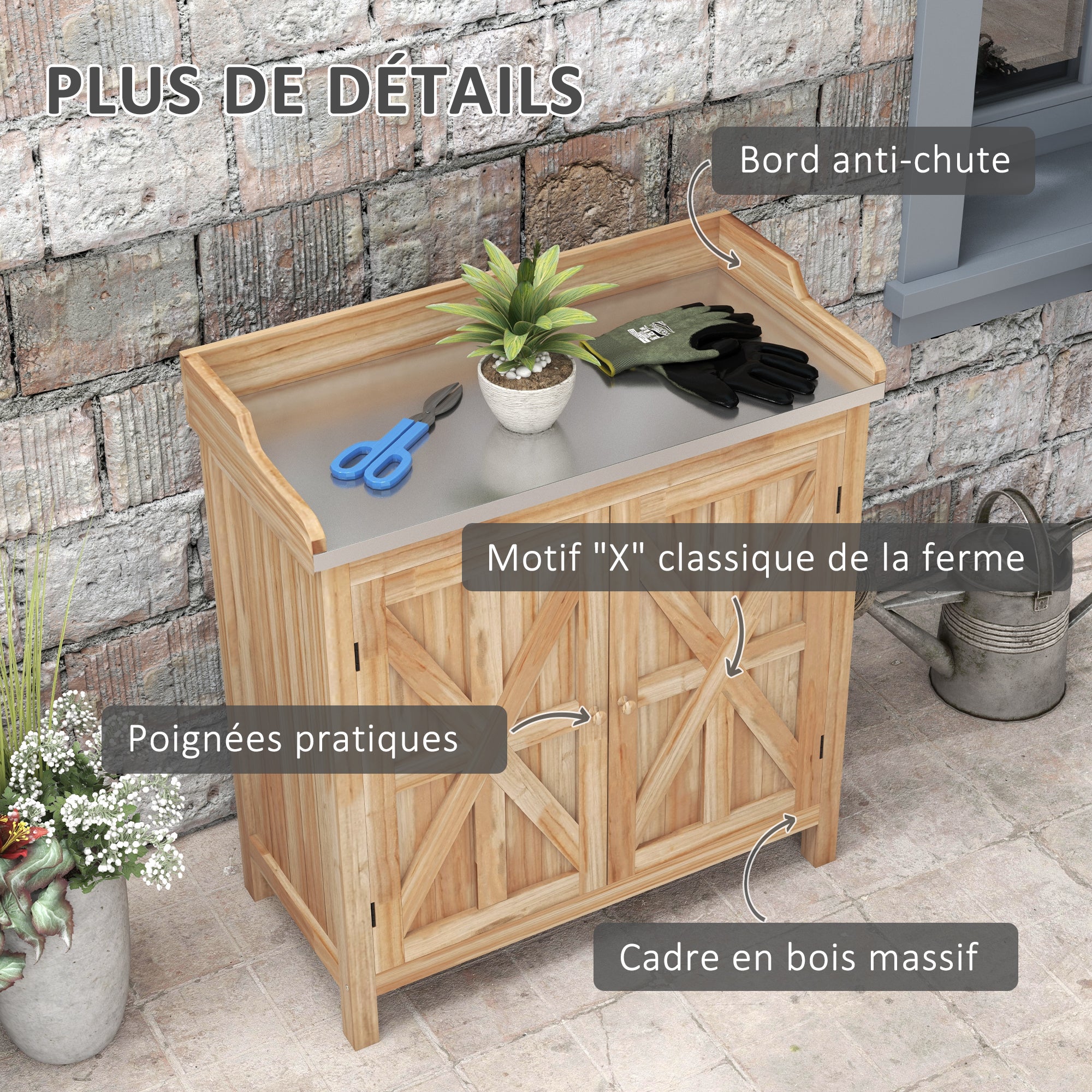 Table de rempotage armoire de rangement avec 2 étagères, plateau galvanisé patins antidérapants en bois sapin - 8