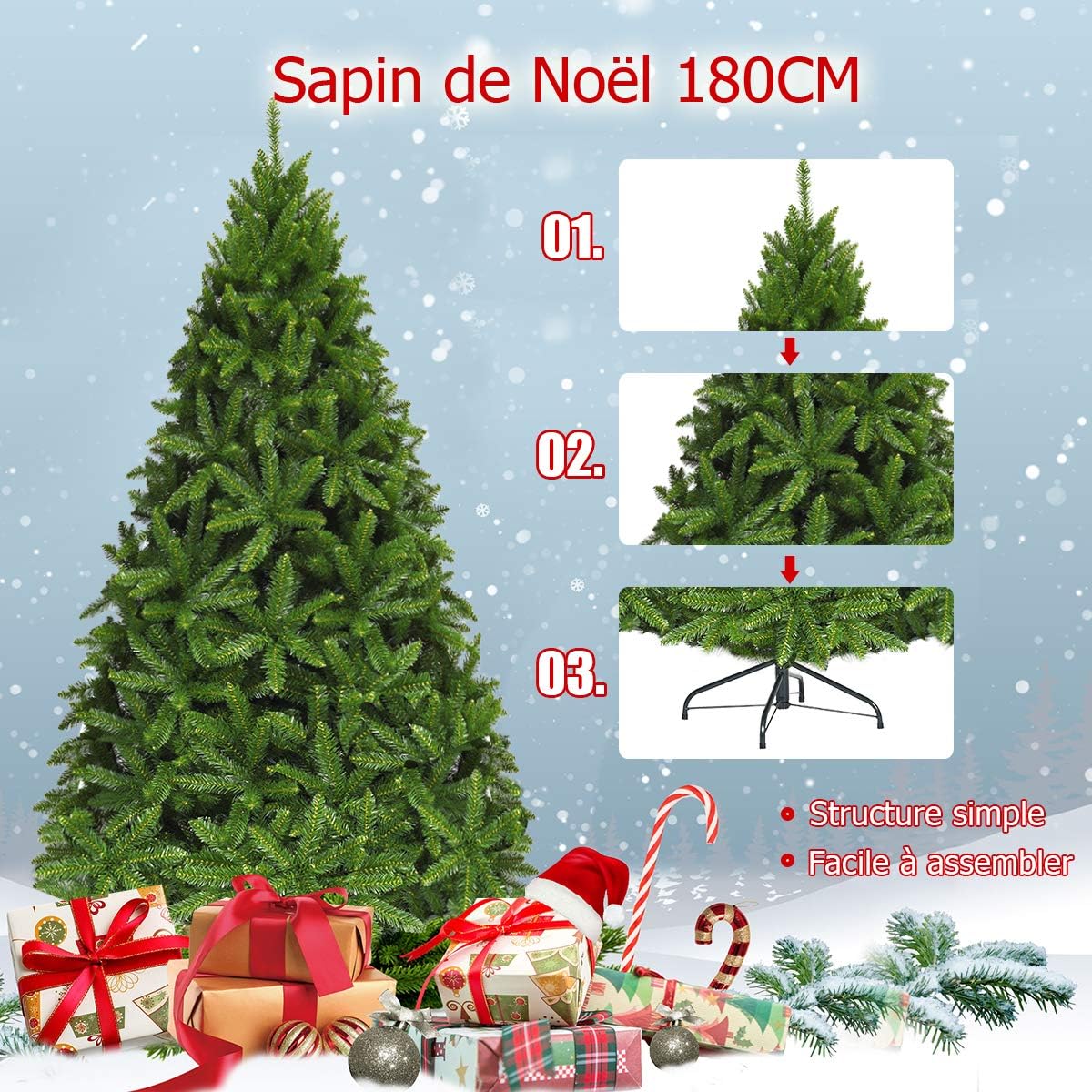 Árbol de Navidad Artificial, 1250Ramas de PVC Ignífugo, Apertura Automática, Decoración Navideña para el Hogar, Verde (180 CM) - 8
