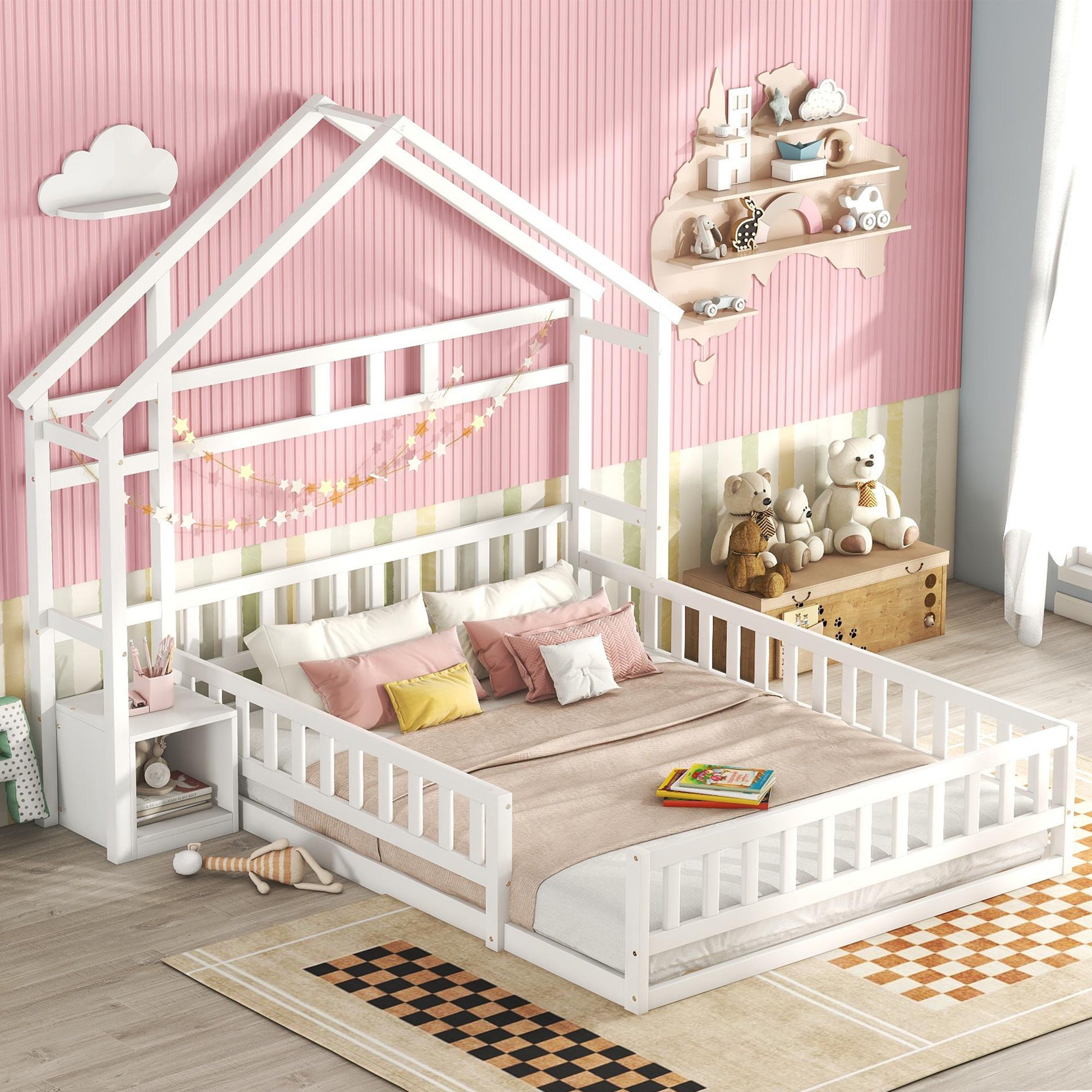 Lit cabane Teddy, Marron, 90x200 cm avec matelas, Vitalispa
