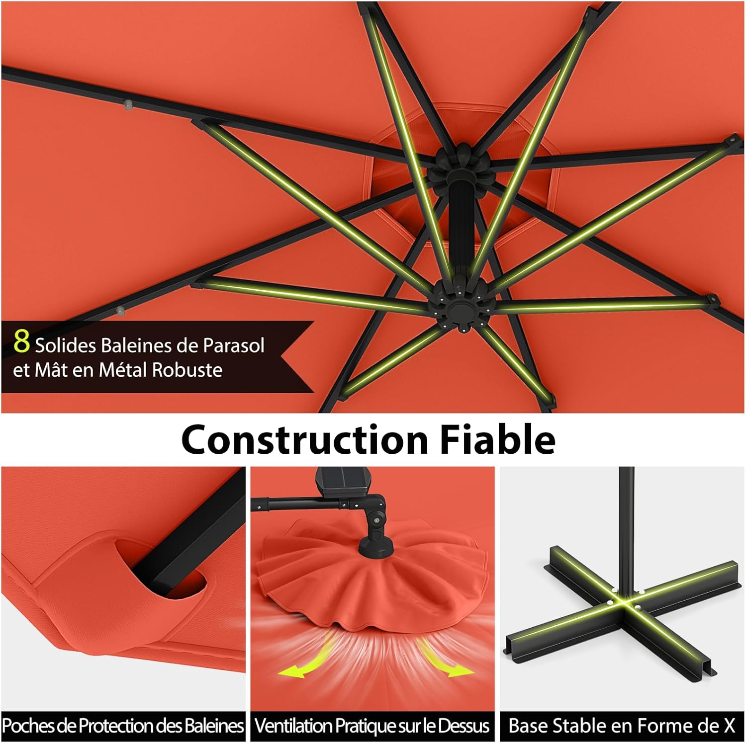 3M Parasol Déporté avec 32 LED Solaires, Parasol de Jardin 8 Baleines avec Tissu Protection Solaire, Parasol Inclinable Rotatif à 360°, Orange - 5