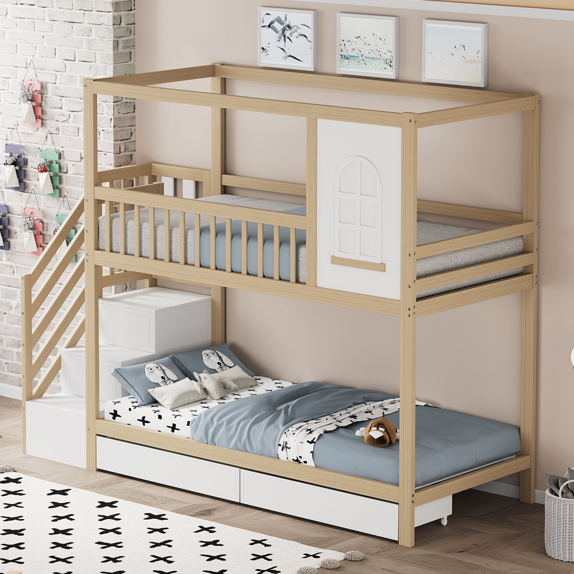 Letto per bambini 90x200cm casa con finestre scala con cassetti barriera sicurezza legno legno naturale (Sem materasso) - 9
