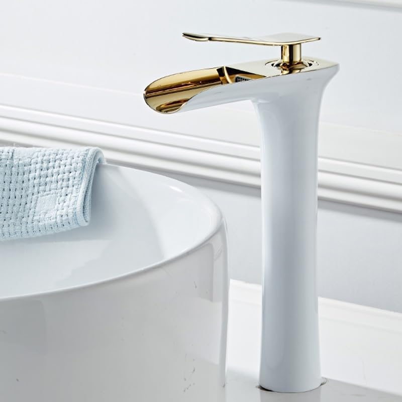 Bateria łazienkowa z ciepłą i zimną wodą, wysoka biała bateria wodospadowa, bateria umywalkowa wodospadowa, z wężem doprowadzającym wodę