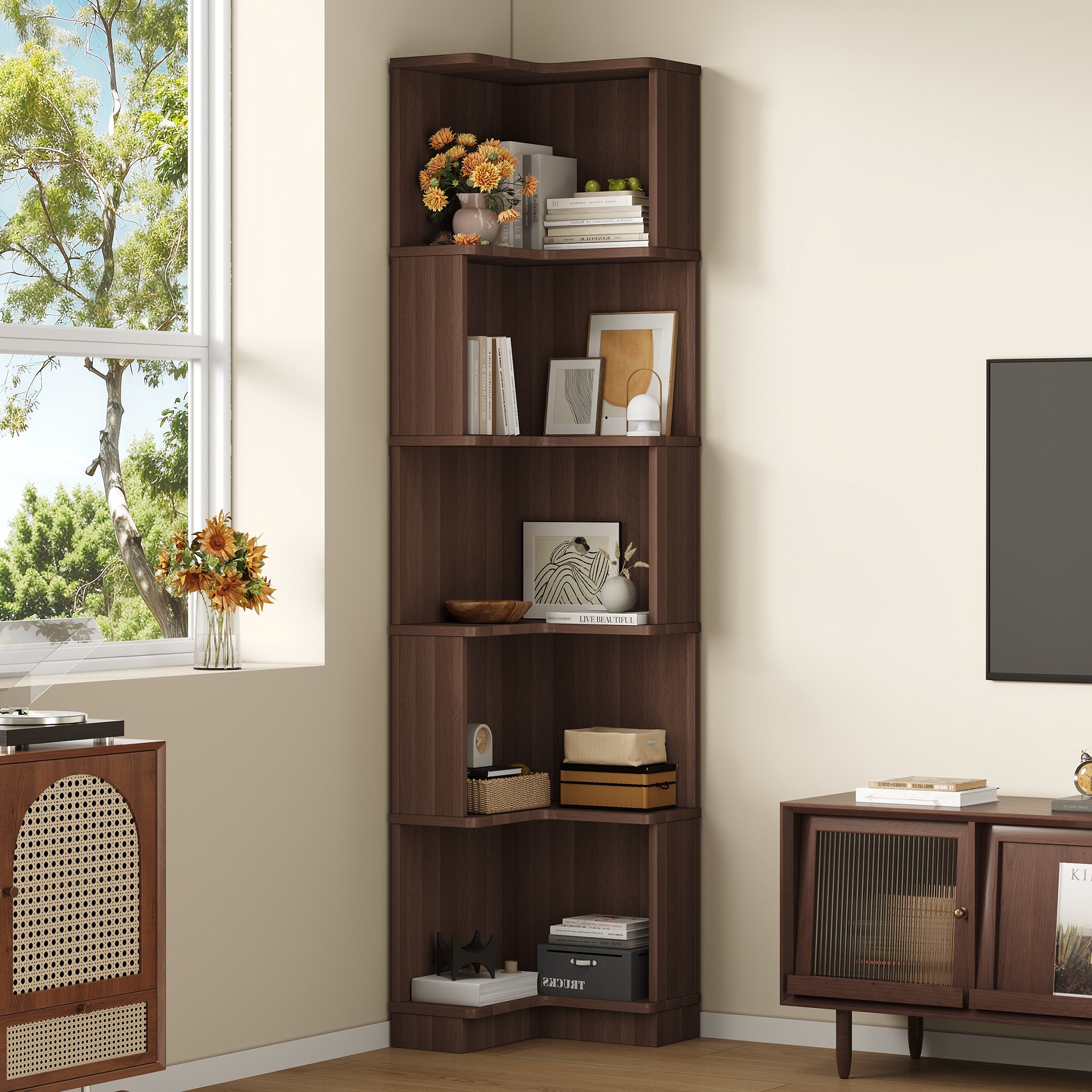 Libreria angolare con 5 ripiani - 63,5 x 45 x 175 cm - MDF - LED cambia colore - Marrone - 3