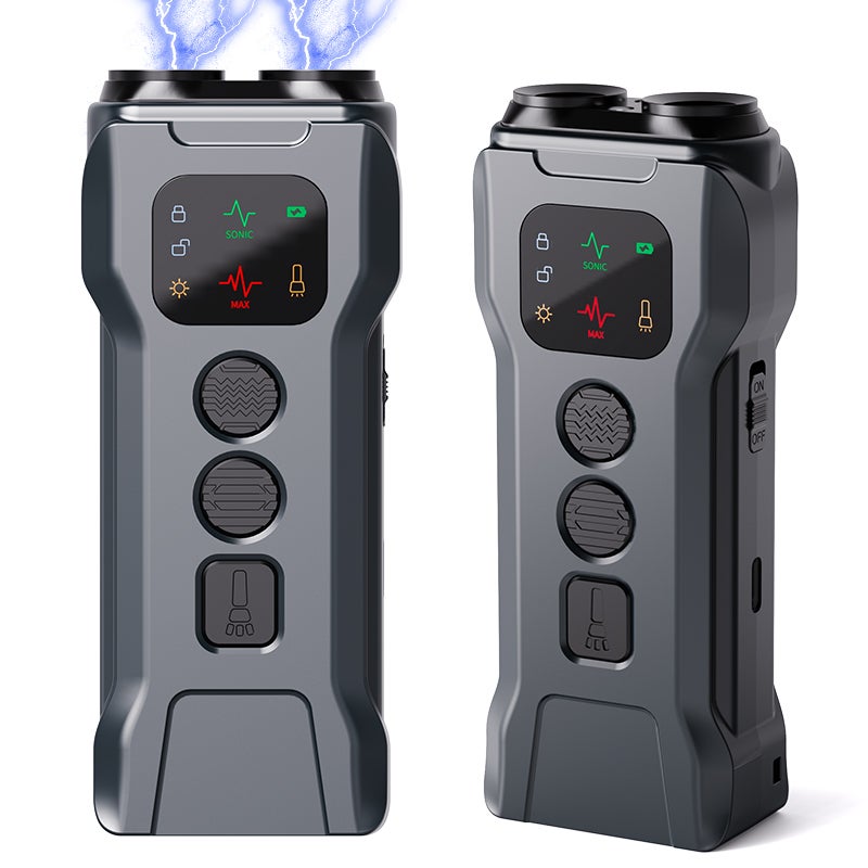 Repelente de perros,dispositivo portátil ultrasónico de doble cabezal con función de linterna, antimordeduras y antiladridos, color negro. - 5