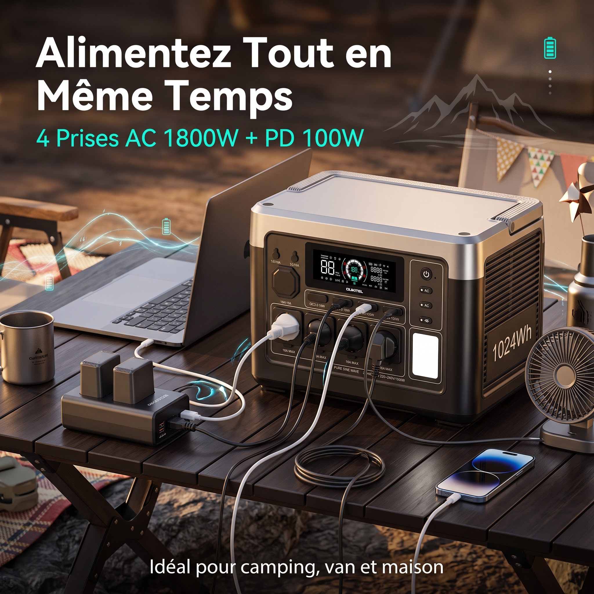 OUKITEL P1000E Plus station électrique portable 1024Wh – 1800W, LiFePO4, usage quotidien maison - 3