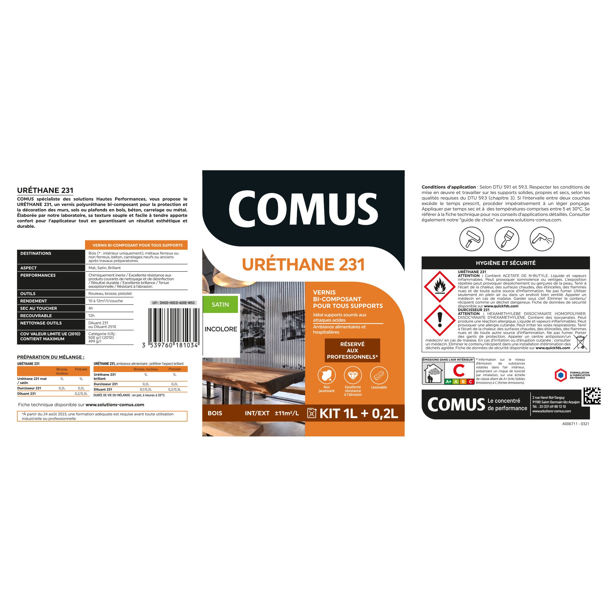 URETHANE 231 incolore (B+D) - SATINE 1.2L - Vernis polyuréthane bi-composant tous supports - COMUS - 5