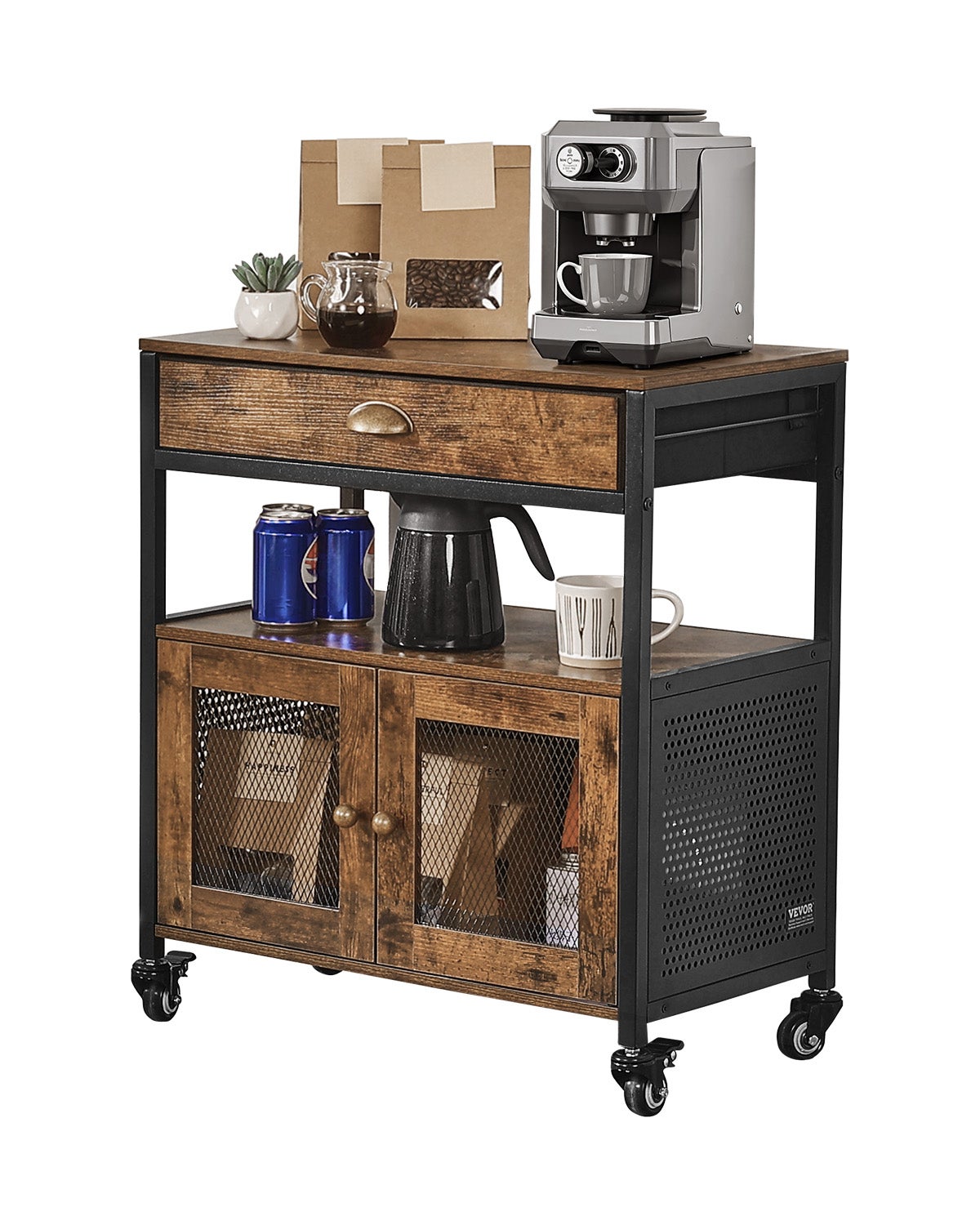 Coffee Bar Cabinet 4-Tier Movable Table z kółkami i drzwiami z siatki VEVOR