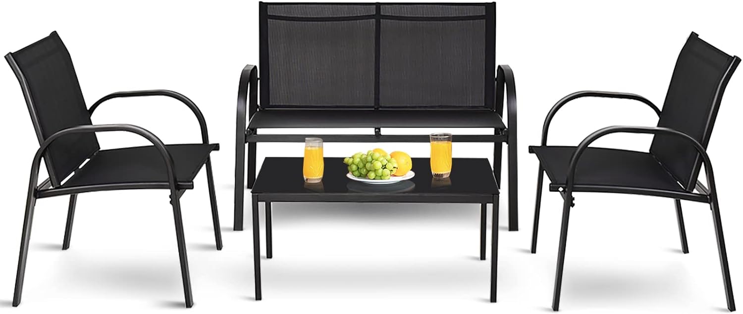 Ensemble de Salon de Jardin en Textilène 4 Persoane 4PC, 1 Masa bassă din sticlă +1 Canapea +2 Scaloare pentru grădină/piscină/terasă, negru GIANTEX