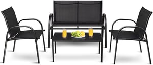 GIANTEX 4Pcs Ensemble de Salon de Jardin en Textilène 4 Personnes, 1 Table Basse en Verre +1 Canapé +2 Fauteuils pour Jardin/Piscine/Terrasse, Noir