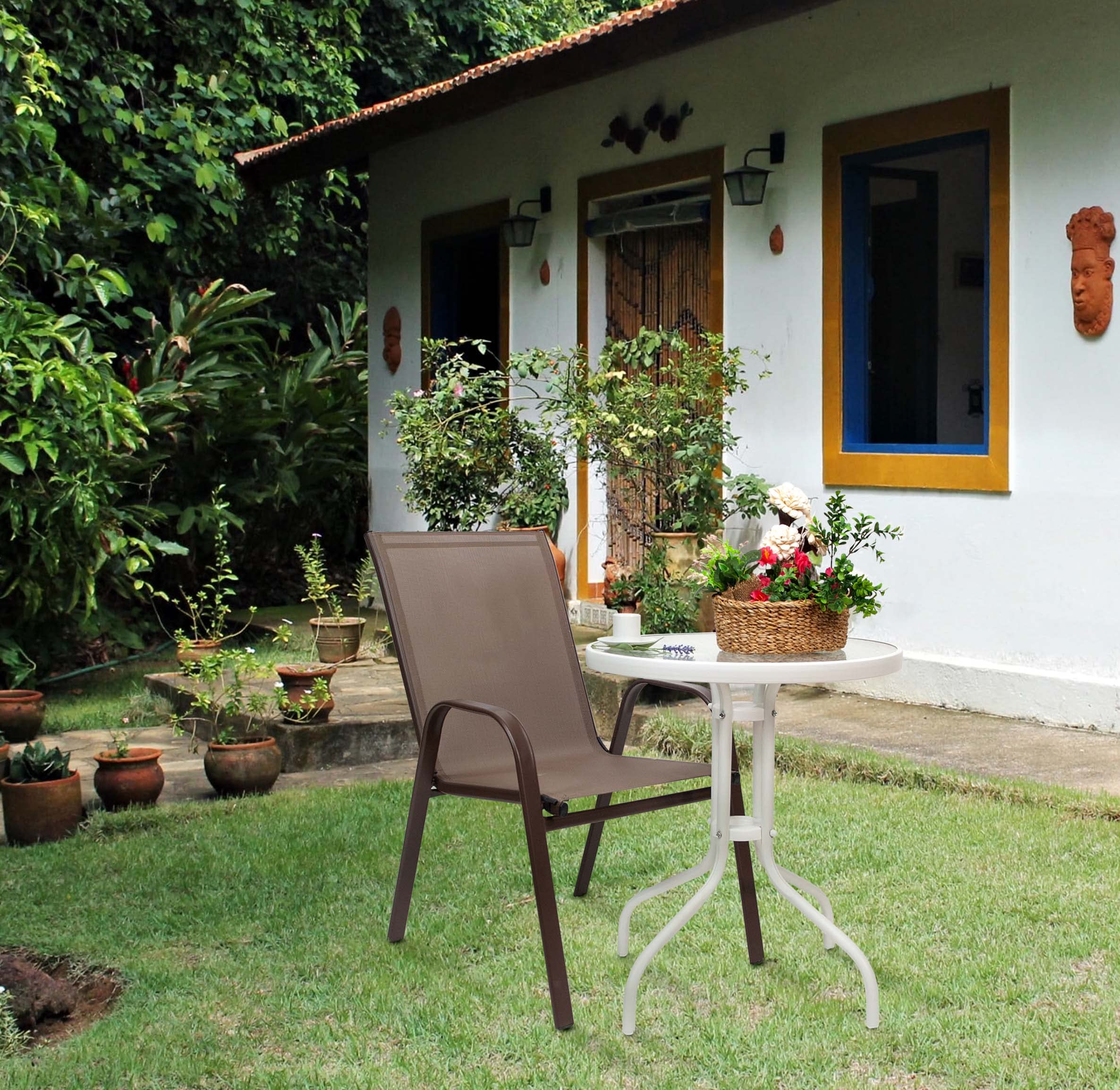 Pack de 2 Sillas de Metal con Lona Apilables para Jardín - Marrón - 2