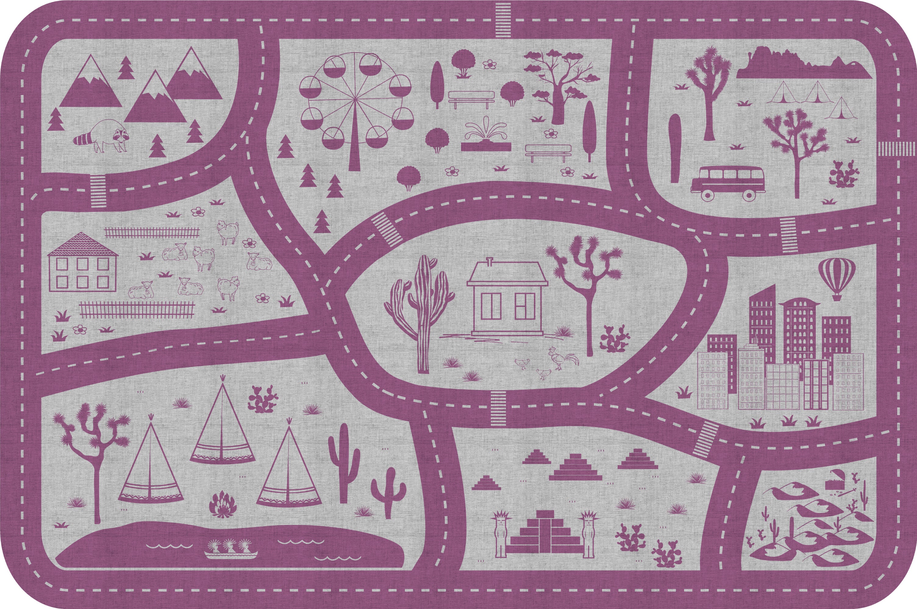 Dywan winylowy dla dzieci Road Trip lavender 133x200 cm - antypoślizgowy dywanik PVC do pokoju dziecięcego, trudnopalny i zmywalny