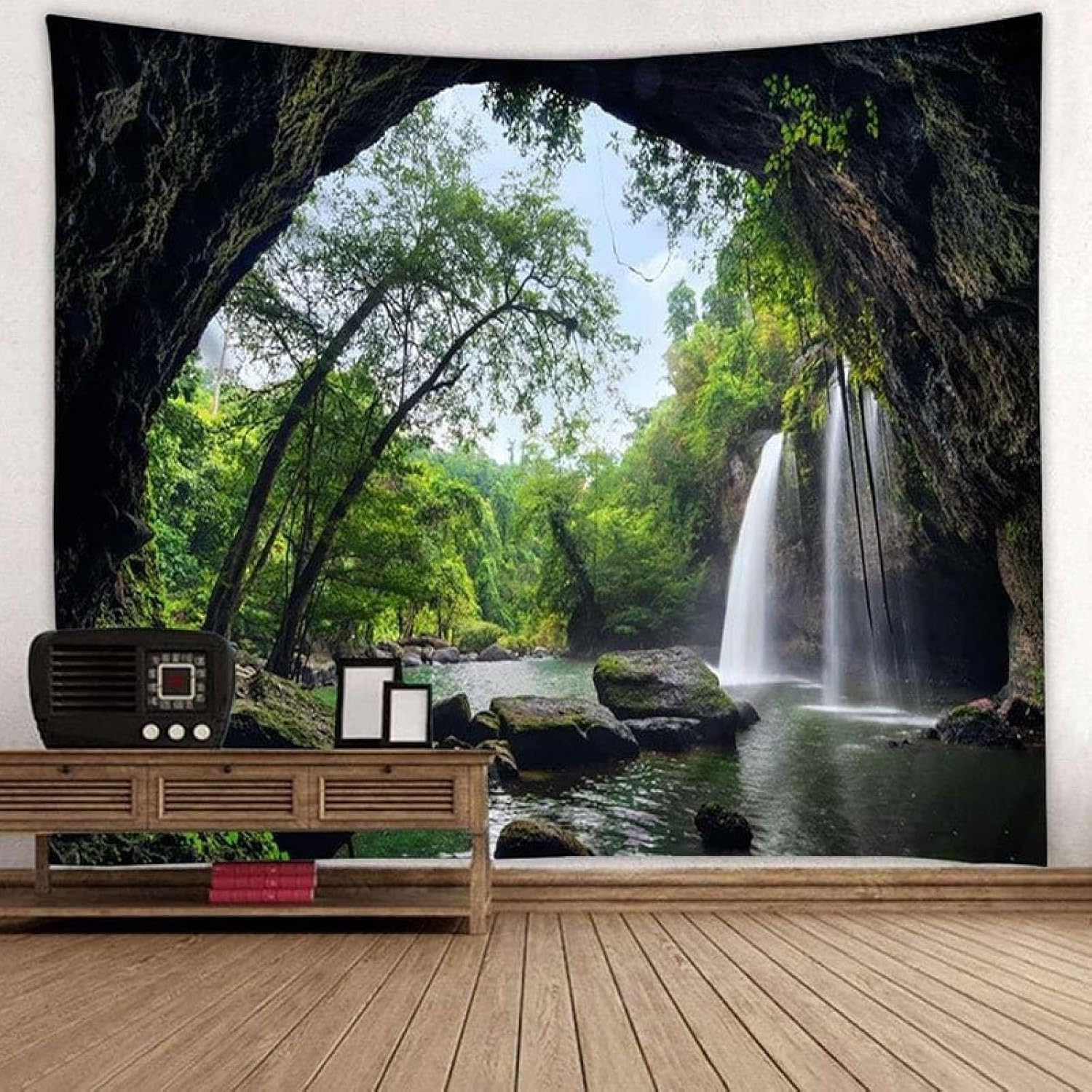 Arazzo da parete con alberi, cascata, foresta, lago di montagna, in ...